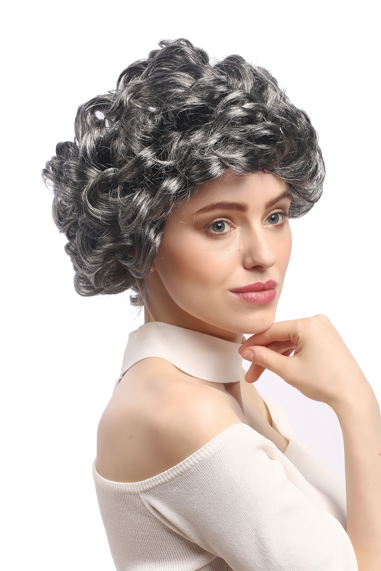 Lady Party Wig Halloween Fancy Dress grey curls full volume Granny old older High Society Dame, front view, WIG ME UP: Your Perücken Online Shop Party Wig, Ladies, Grey, curled, short