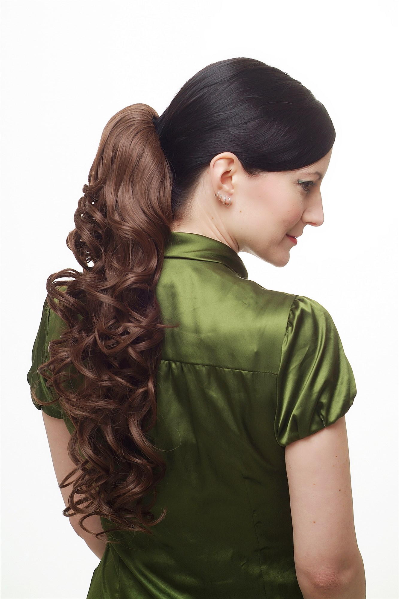 hochwertiges Haarteil Butterfly-Clip + Steckkämme + Gummizug lockig Braun WK08-57, Ansicht 3, WIG ME UP: Ihr Perücken Online Shop lockiges Zopf-Haarteil Braun 60 cm lang