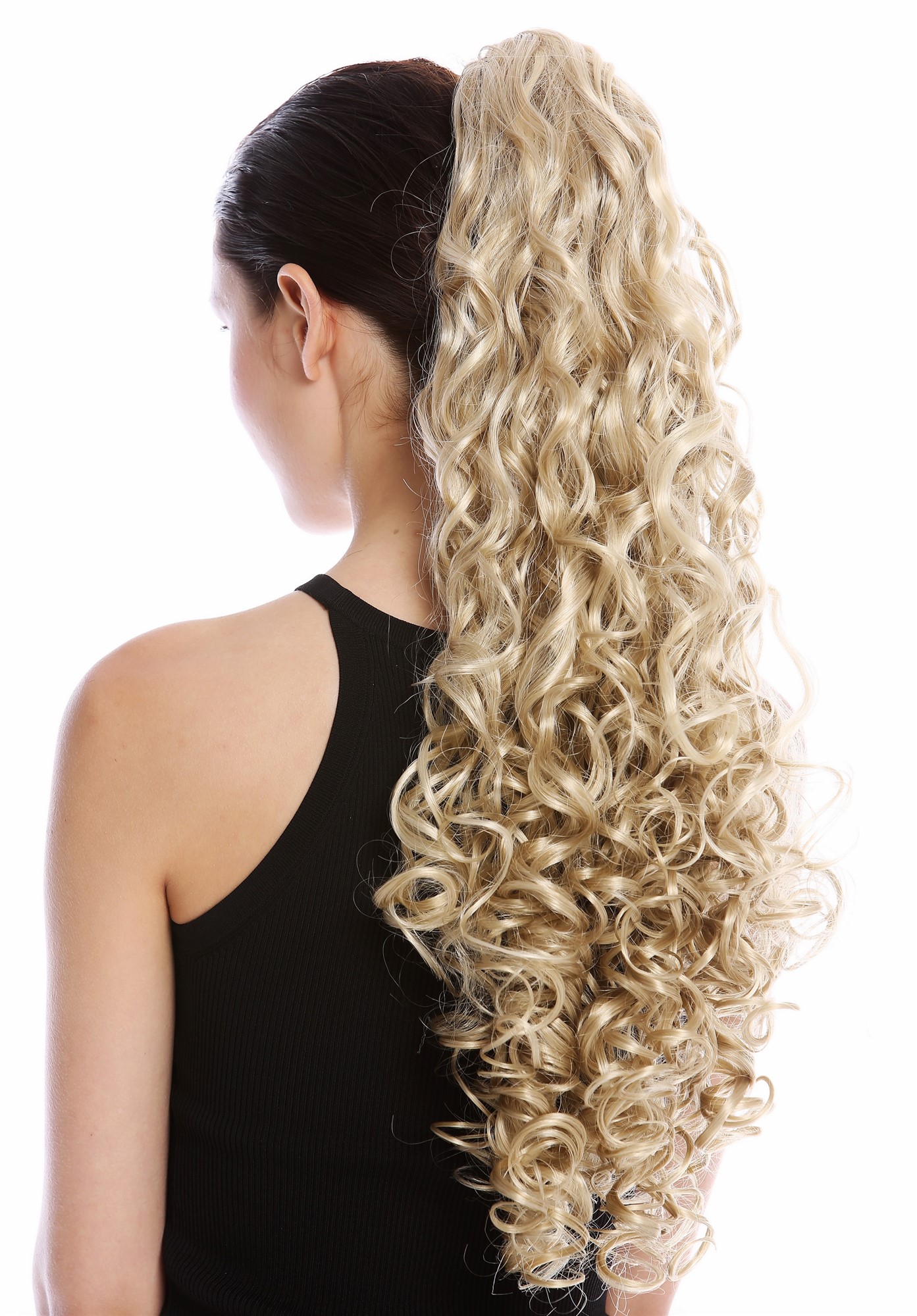 Ponytail Combs & Clamp very long voluminous curled blonde platinum mix MKB-21, front view, WIG ME UP: Your Perücken Online Shop Ponytails, blond mix, wavy, long