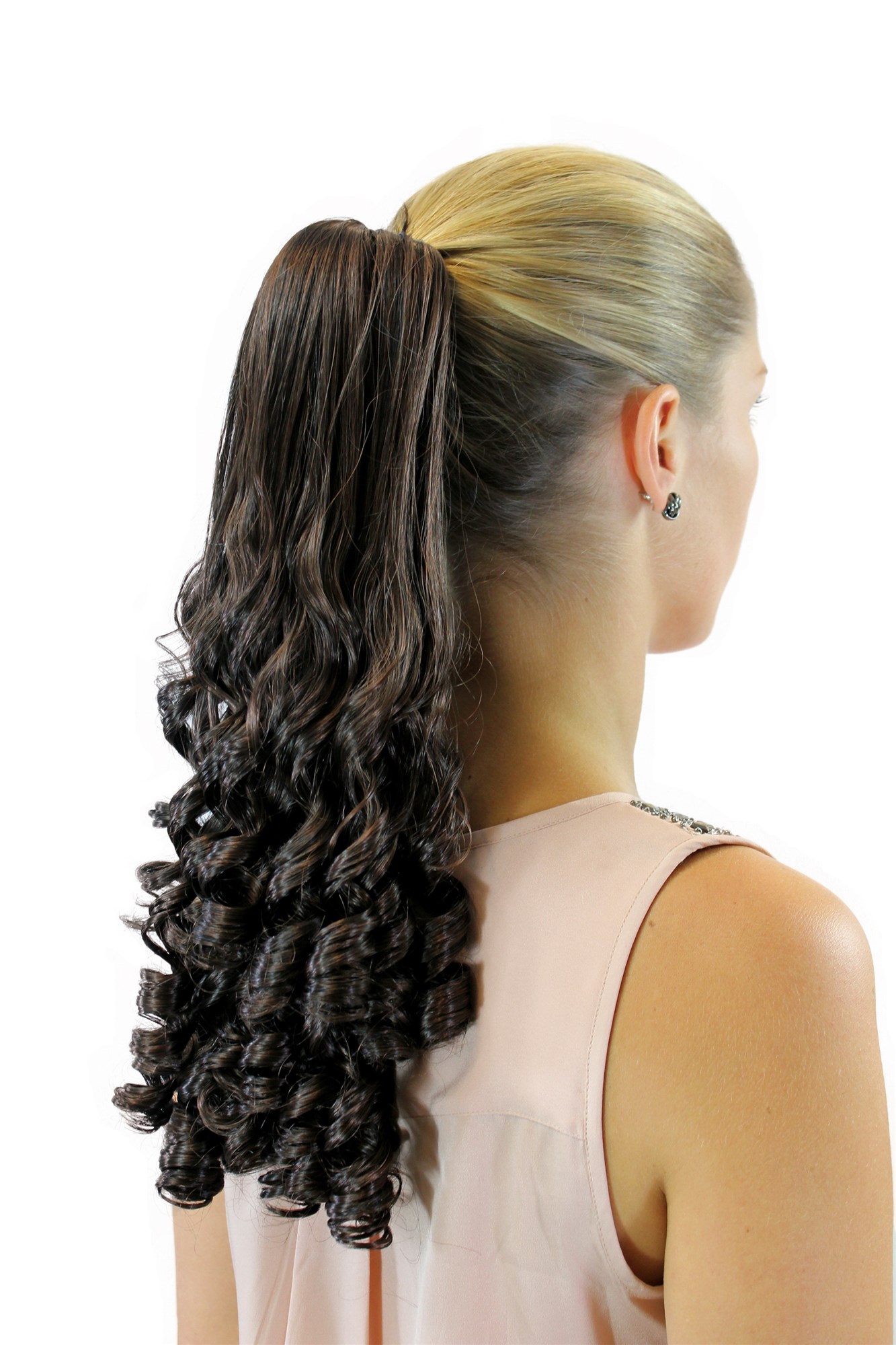 Ponytail Hairpiece medium long curled curls claw clamp mahogany brown mix AL-13A, front view, WIG ME UP: Your Perücken Online Shop Ponytails, dark brown-chestnut mix, curled, shoulder-length