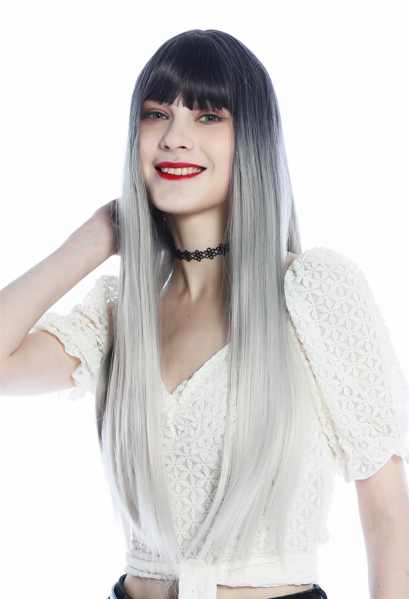 hochwertige Qualitätsperücken, Perücke lang glatt Pony Ombre Violett-Schwarz Silberblond SZL0807B-T-001, Vorderansicht, WIG ME UP: Ihr Perücken Online Shop glatte Tressen-Perücke mit Kopfhaut-Imitat Blauschwarz-Silberblond-Verlauf lange Haare für Damen