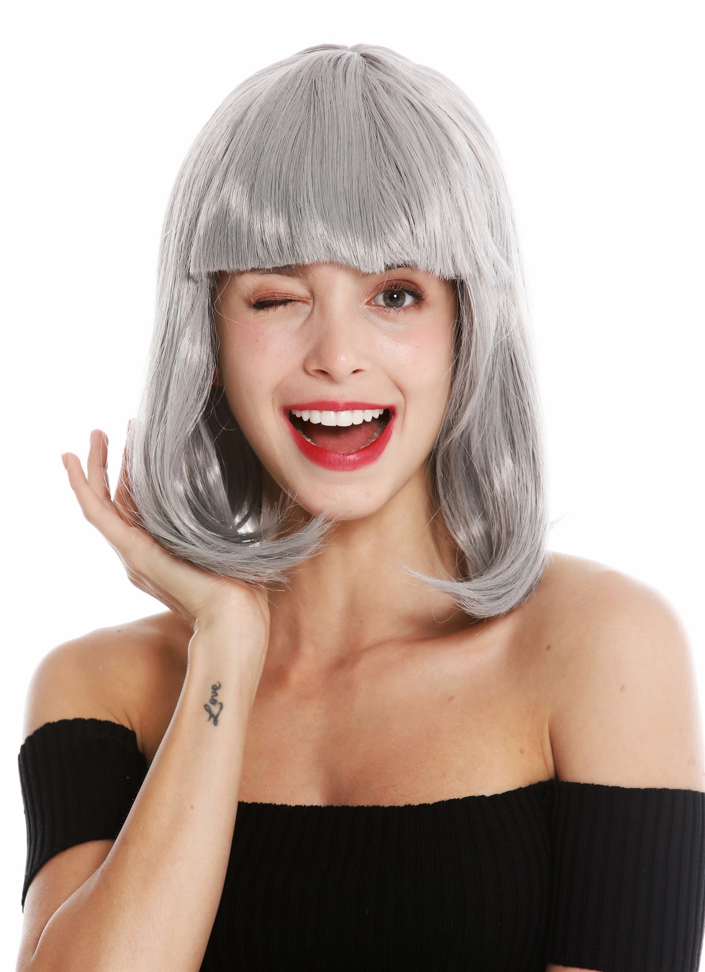Lady Wig Halloween Disco bob longbob shoulder length bangs light grey gray 0073, front view, WIG ME UP: Your Perücken Online Shop Party Wig, Ladies, light gray, straight, short