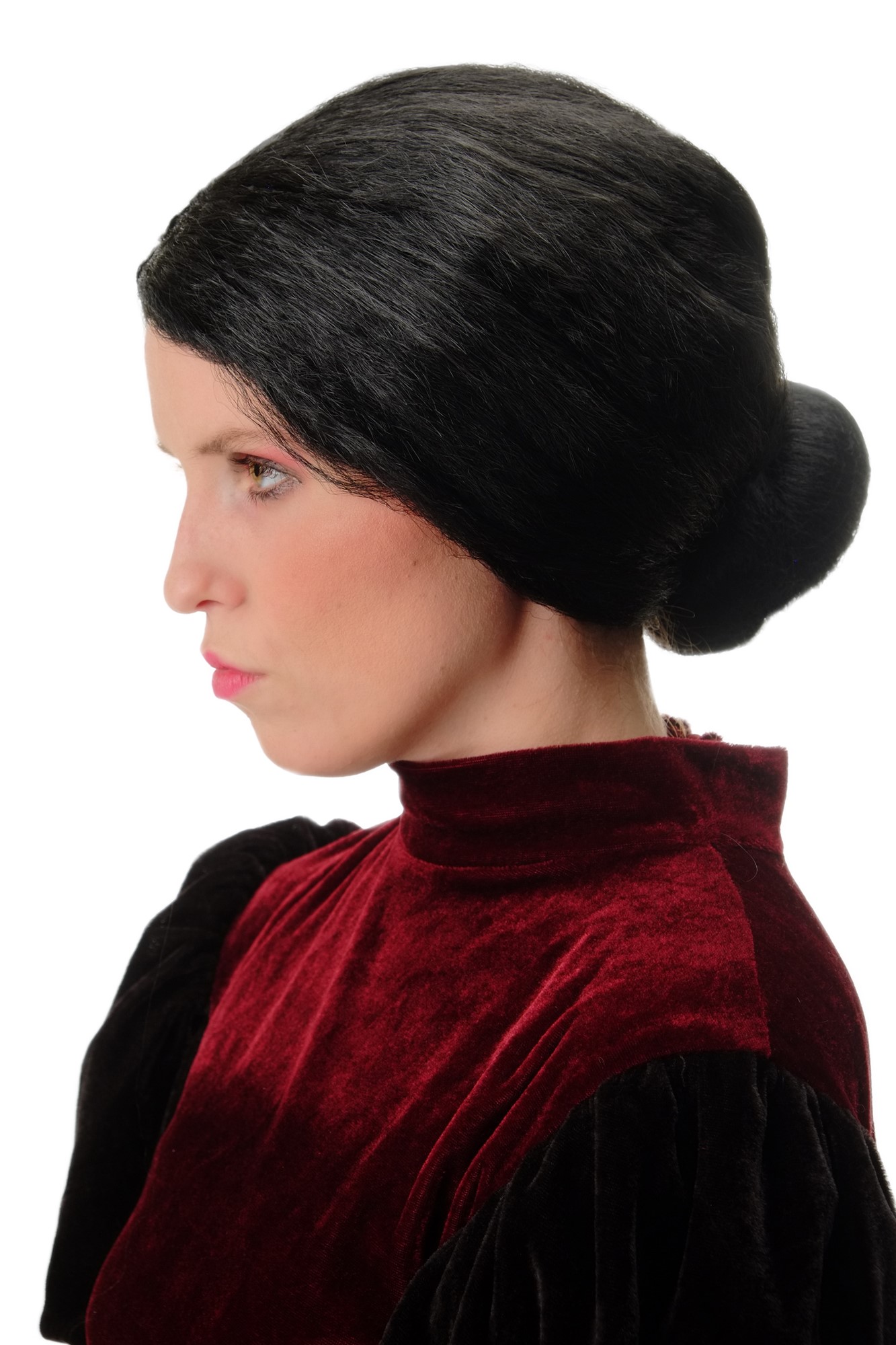 69020-P103 Wig Ladies Halloween Carnival strictly tied back hairbun Governess Granny black, front view, WIG ME UP: Your Perücken Online Shop Party Wig, Ladies, pitch black, straight, short