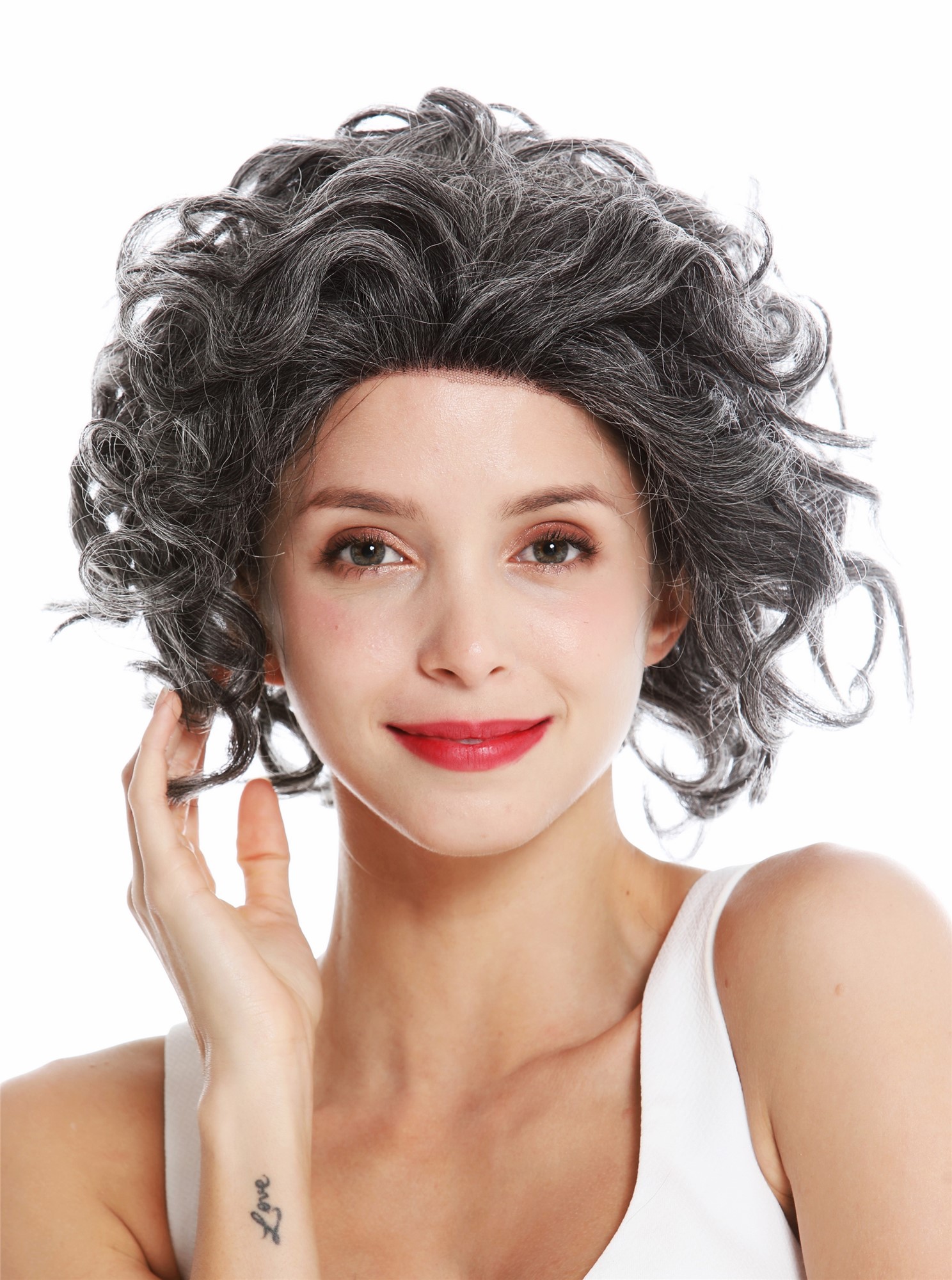 hochwertige Qualitätsperücken, Perücke Echthaar Lace-Front schwarz grau meliert Locken H/HROYCE-HH-LF-51, Ansicht 2, WIG ME UP: Ihr Perücken Online Shop lockige Tressen-Perücke mit Front-Lace Echthaar Grau kurze Haare für Damen