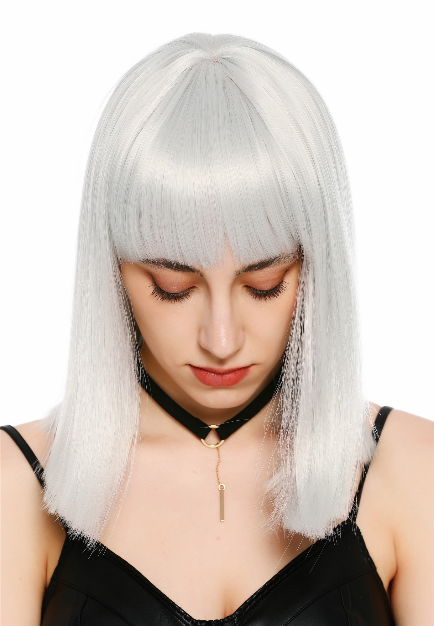 Damenperücke schulterlang blunt cut glatt breiter Pony Disco Grau Hellgrau SZL1498-DHTSilvergrey