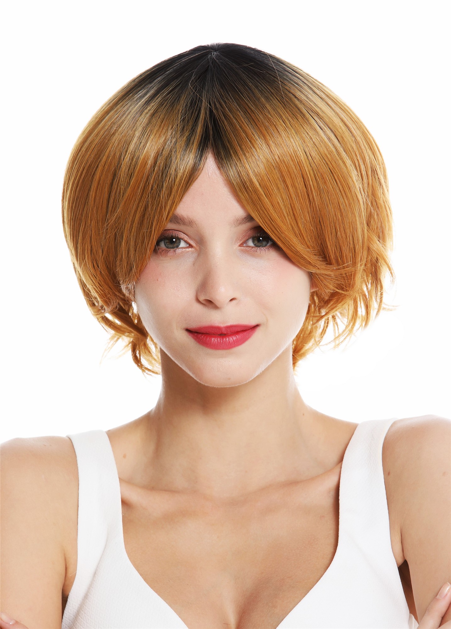 Lady wig cheeky short voluminous parting ombre mix black copper blonde RGF-6250A, front view, WIG ME UP: Your Perücken Online Shop Quality Wigs, Ladies, blonde-black mix, straight, short