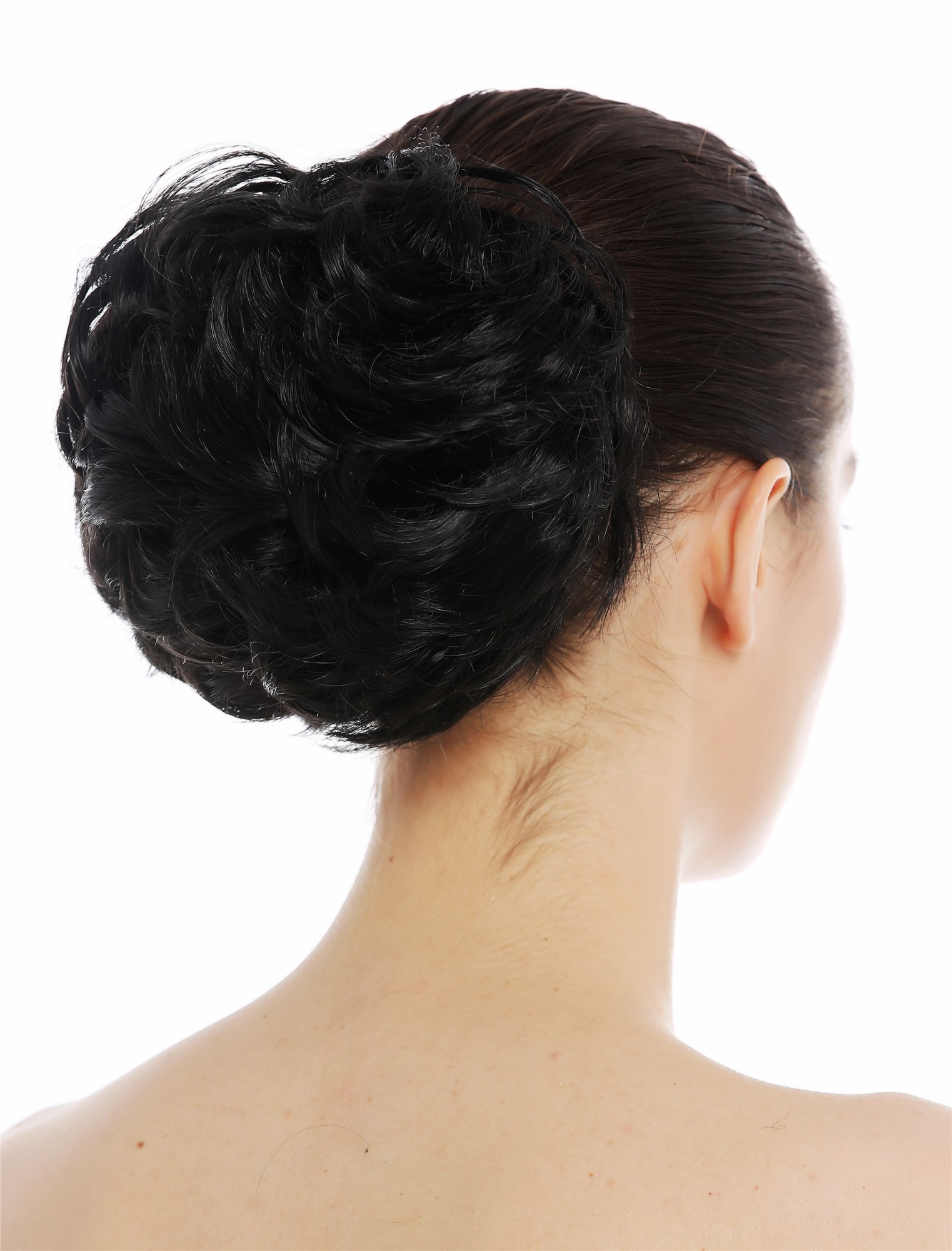 Haarteil Haarnest Haarrose voluminös lockig wellig Schwarz QT-20-1B, Vorderansicht, WIG ME UP: Ihr Perücken Online Shop lockiger Dutt Haarteil Samtschwarz