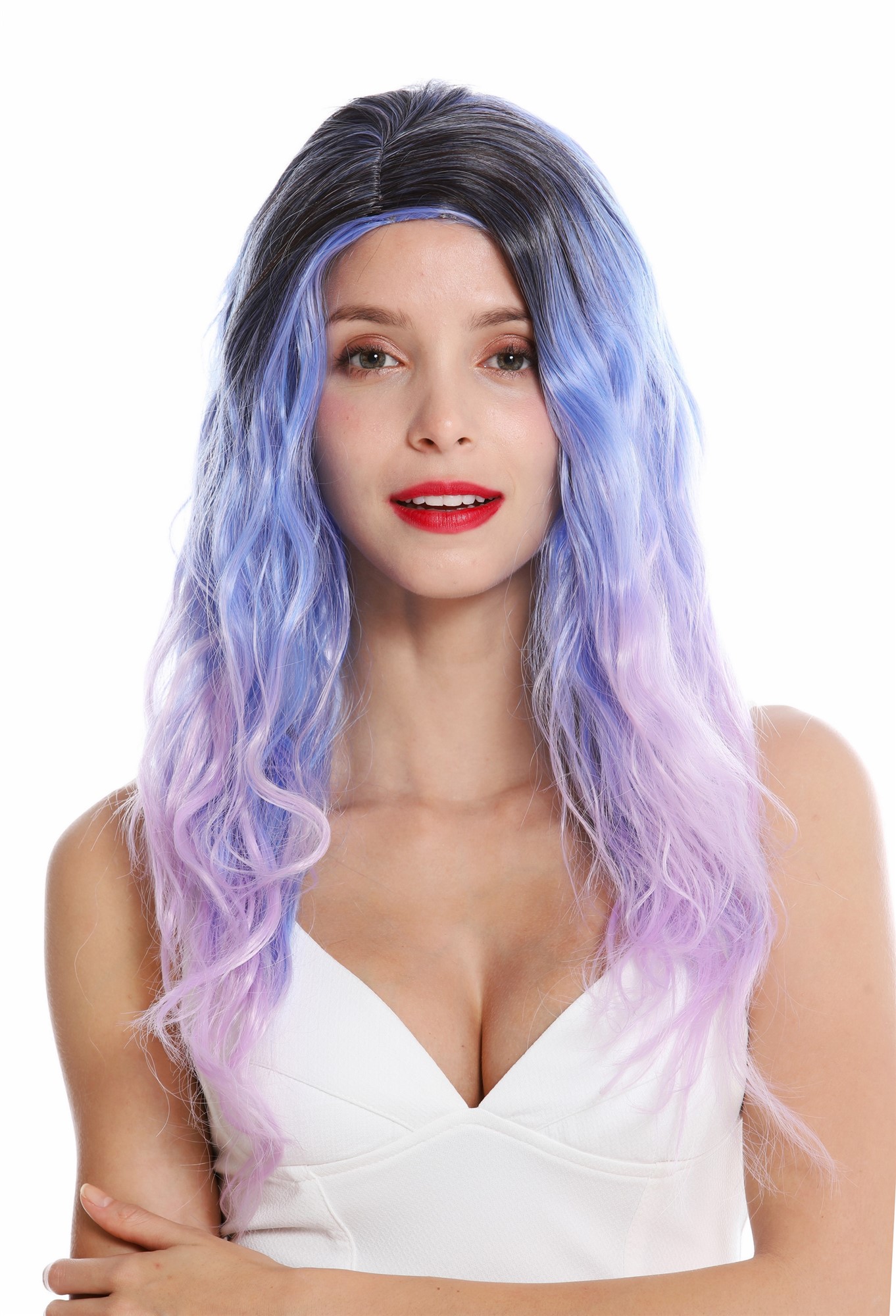 wellige Tressen-Perücke mit Kopfhaut-Imitat Blau-Violett-Schwarz-Mix lange Haare für Damen