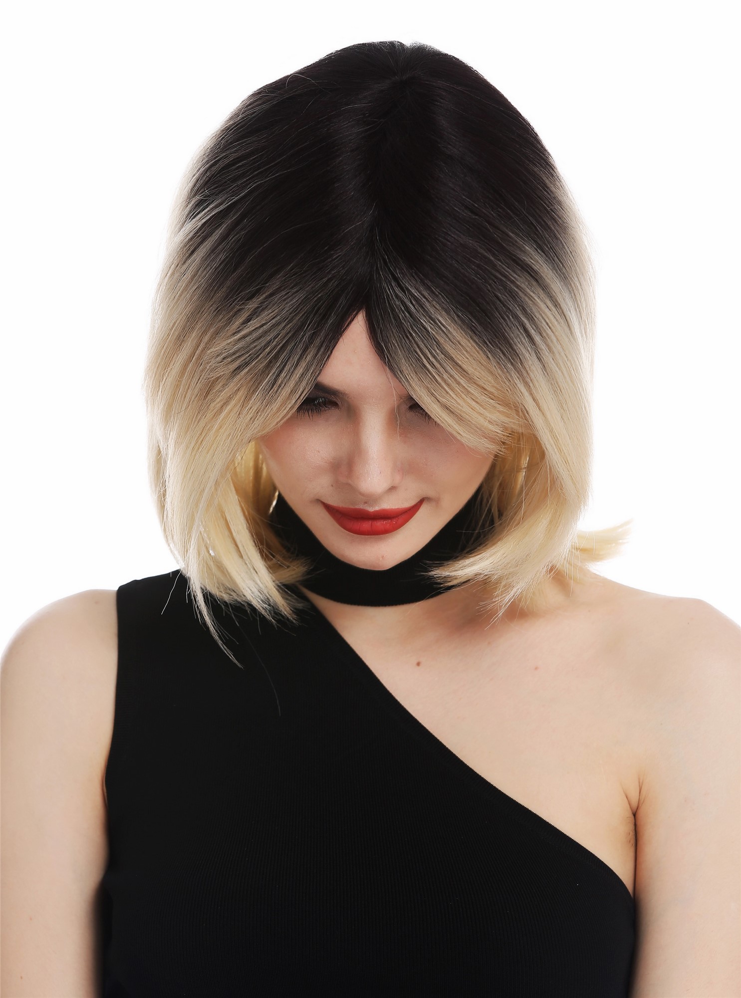 hochwertige Qualitätsperücken, Perücke schulterlang glatt Longbob Ombre Schwarz Blond RGF-6701-DR613, Ansicht 4, WIG ME UP: Ihr Perücken Online Shop glatte Tressen-Perücke Blond-Schwarz-Mix schulterlange Haare für Damen