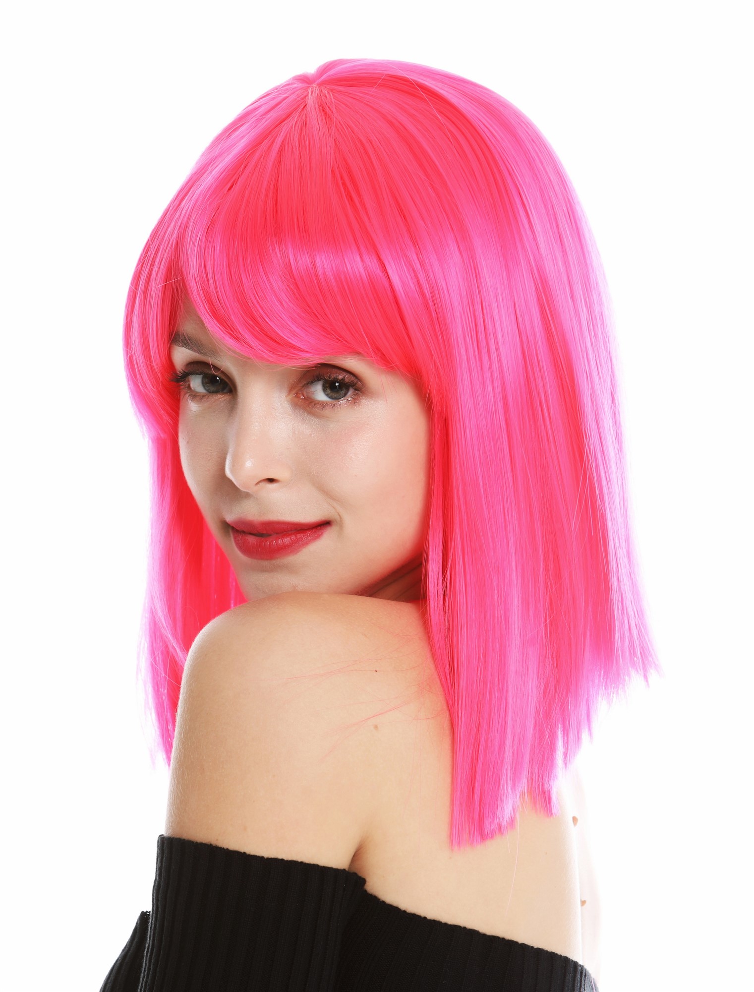 hochwertige Qualitätsperücken, Perücke schulterlang glatt Pony Rosa VK-10-TF2315, Vorderansicht, WIG ME UP: Ihr Perücken Online Shop glatte Tressen-Perücke mit Kopfhaut-Imitat Hellrosa schulterlange Haare für Damen