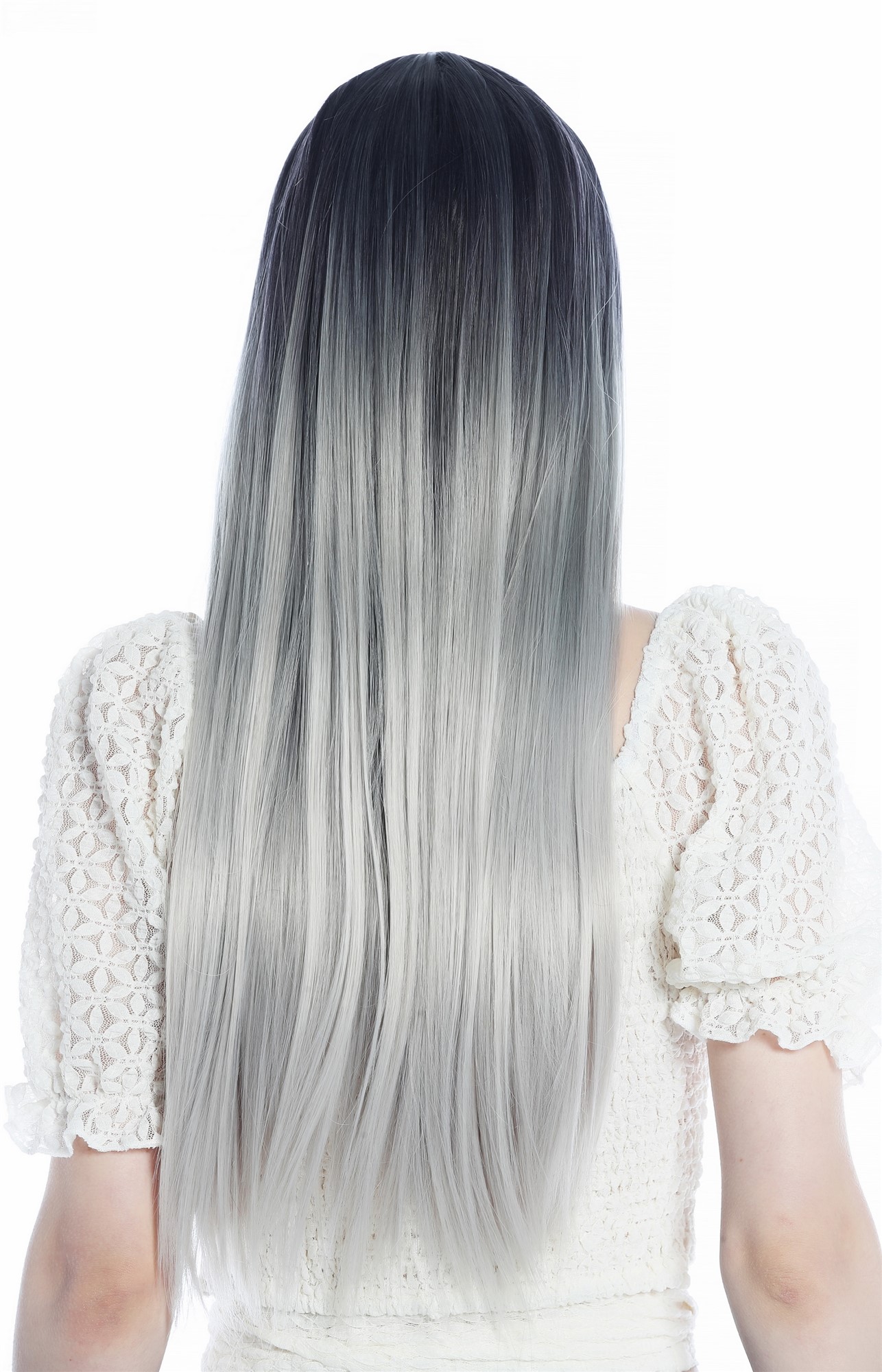 hochwertige Qualitätsperücken, Perücke lang glatt Pony Ombre Violett-Schwarz Silberblond SZL0807B-T-001, Ansicht 4, WIG ME UP: Ihr Perücken Online Shop glatte Tressen-Perücke mit Kopfhaut-Imitat Blauschwarz-Silberblond-Verlauf lange Haare für Damen