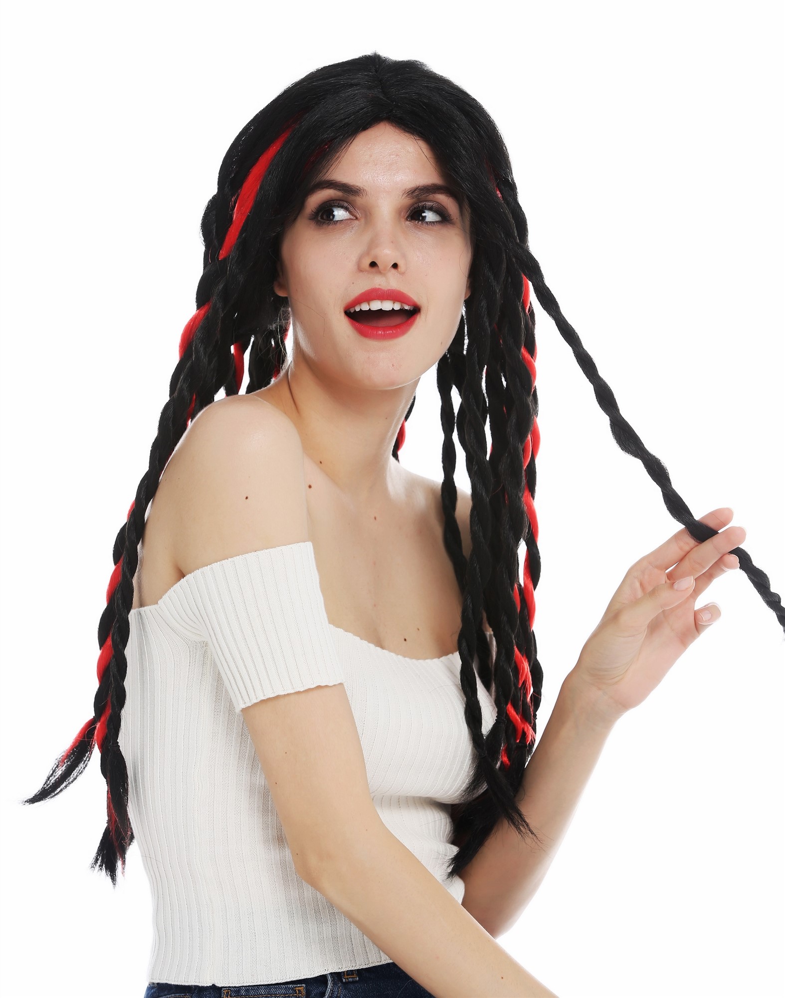 Women's wig Halloween braided plaited rasta dreadlocks long black red punk 69023, view 5, WIG ME UP: Your Perücken Online Shop Party Wig, Ladies, deep black and bright red mix, Braided, long