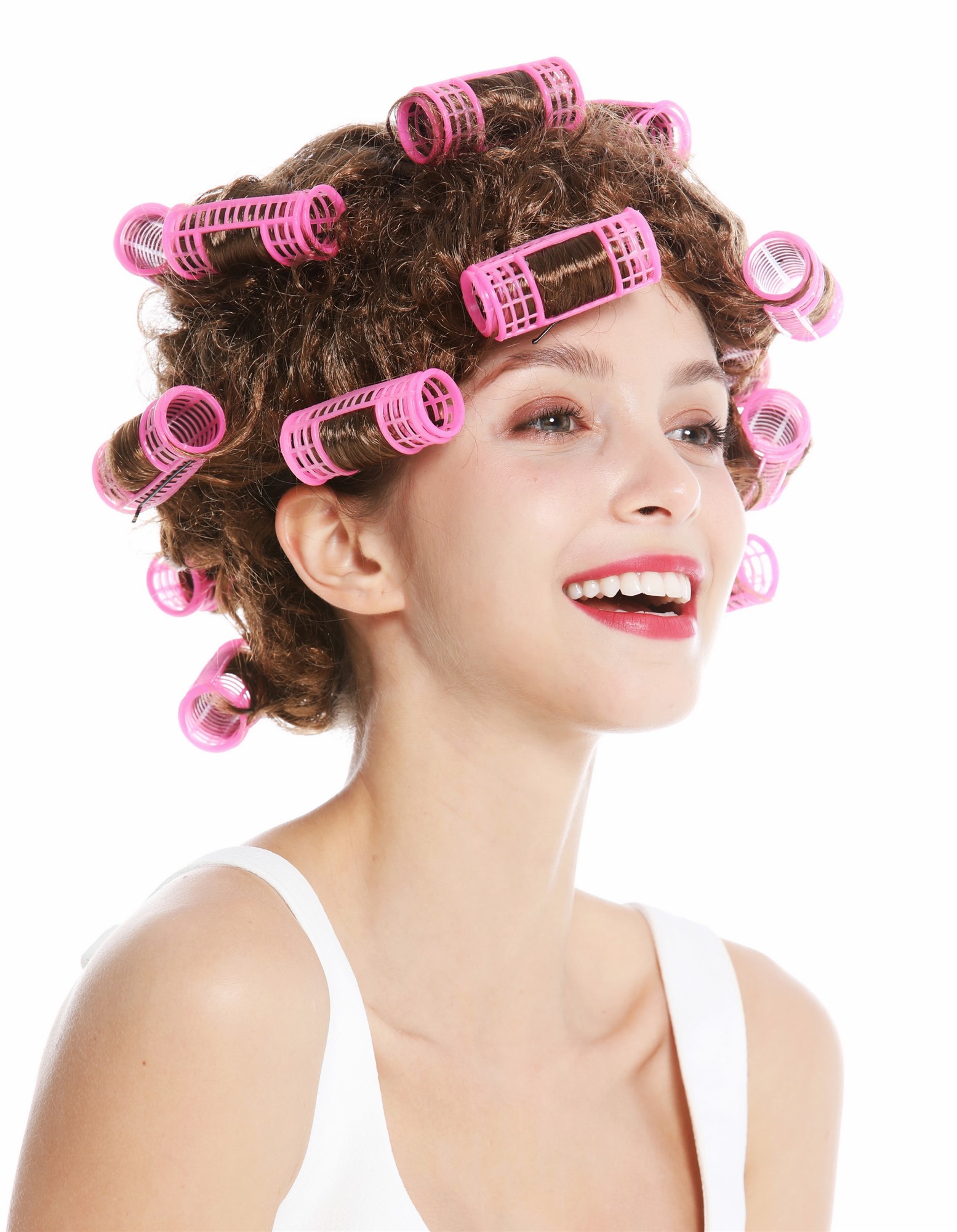 Women's party wig carnival Halloween housewife hair roller brown trashy 4204, front view, WIG ME UP: Your Perücken Online Shop Party Wig, Ladies, golden brown, curled, short
