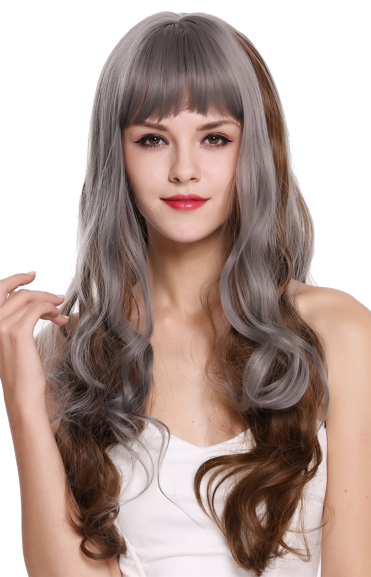 Women's wig long fringe wavy curly Balayage highlights grey brown lady MS1725, front view, WIG ME UP: Your Perücken Online Shop Quality Wigs, Ladies, ash gray-golden brown, wavy, long