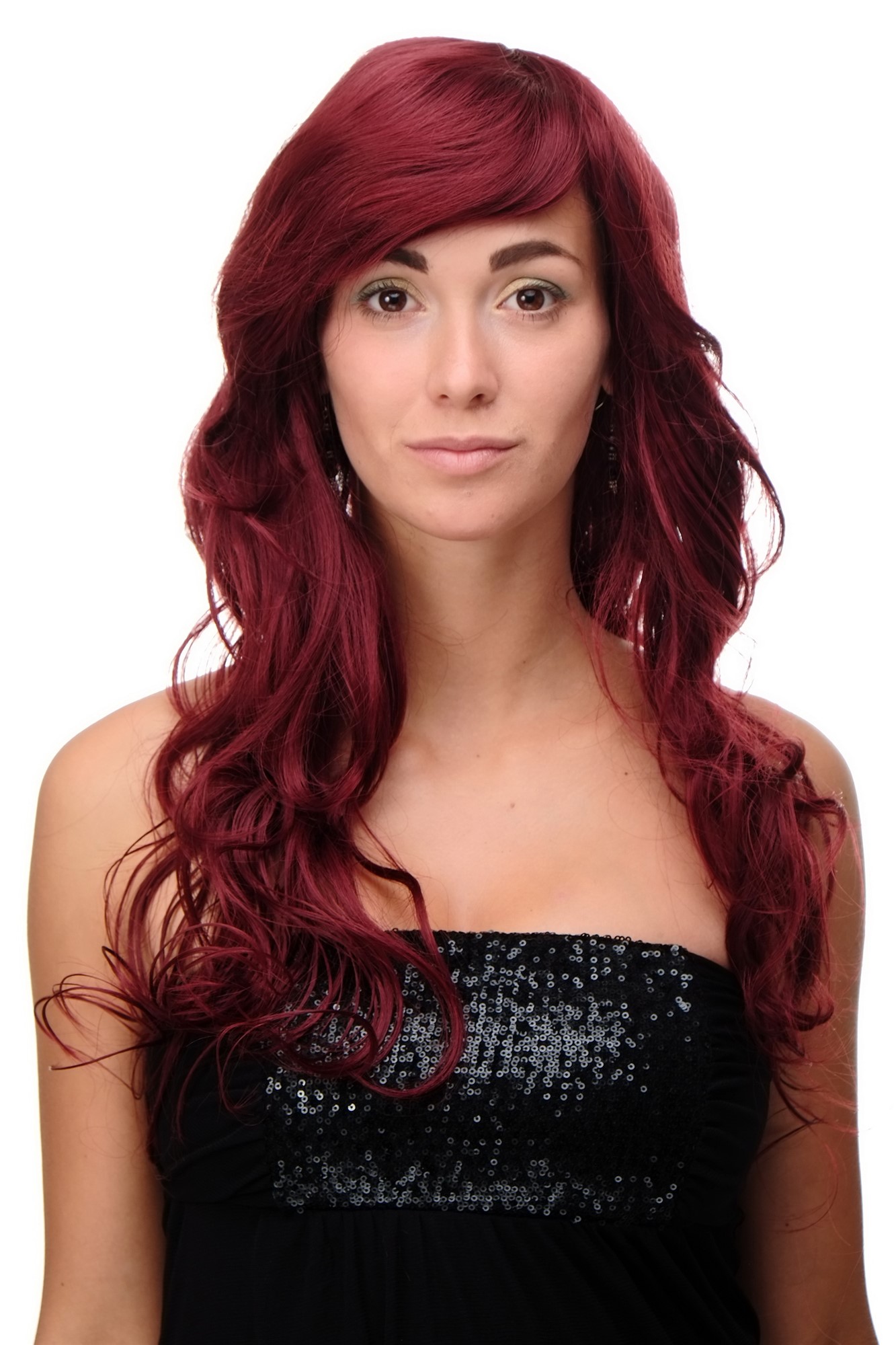 Lady  Wig wavy curly & slightly straggly ends wet-look long fringe (for side parting) red, front view, WIG ME UP: Your Perücken Online Shop Quality Wigs, Ladies, Red, wavy, long