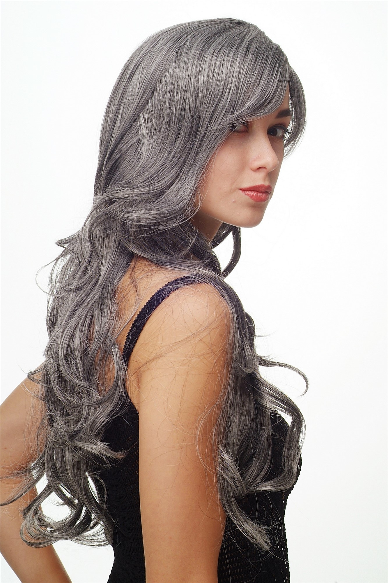 hochwertige Qualitätsperücken, Perücke lang wallendes Haar wellig leicht lockig Grau-Mix 9204S-44, Ansicht 3, WIG ME UP: Ihr Perücken Online Shop lockige Tressen-Perücke mit Kopfhaut-Imitat Grau-Mix lange Haare für Damen