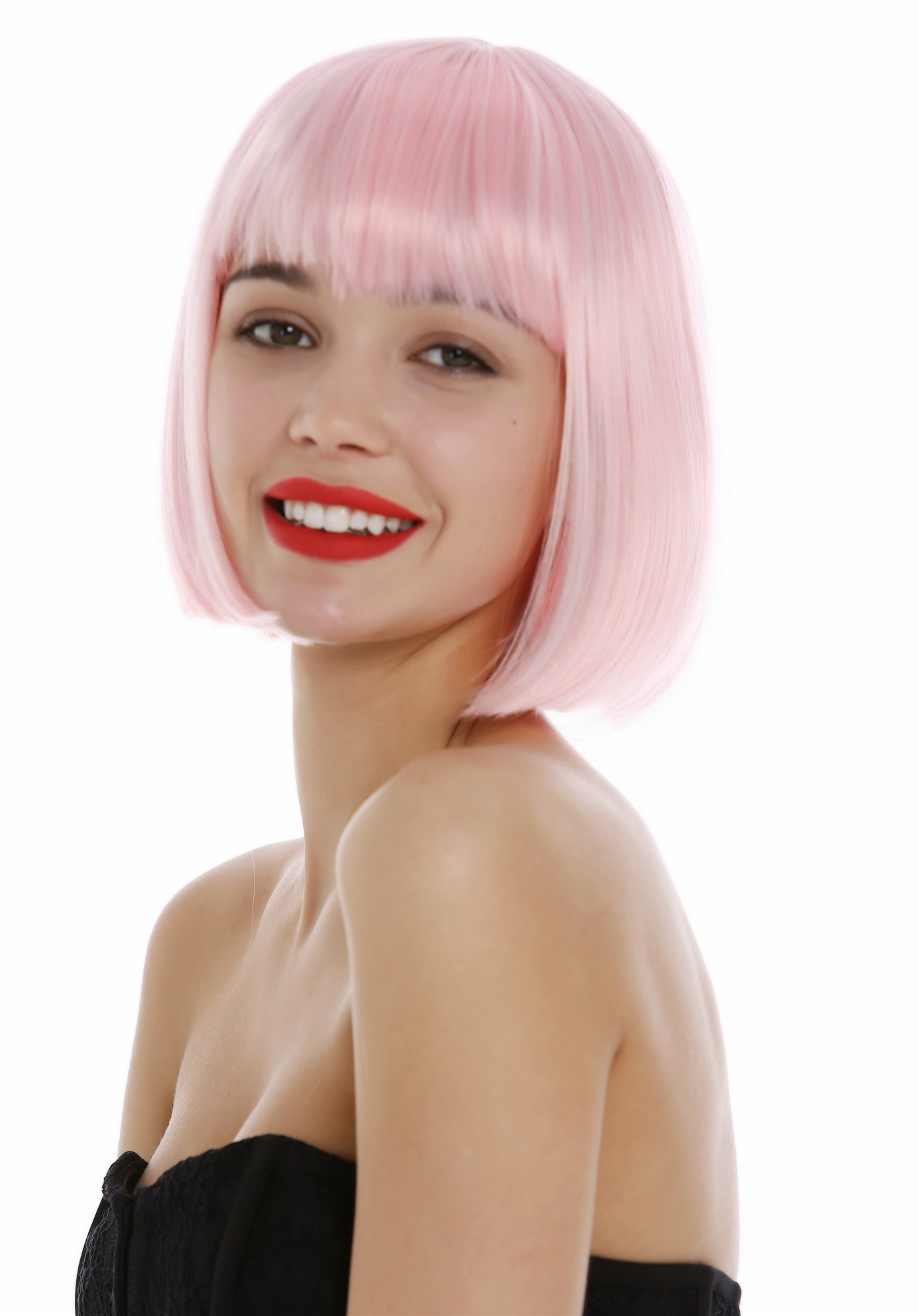 hochwertige Qualitätsperücken, Perücke Damen Bobfrisur Long Bob Pony glatt helles Rosa 7803-T2333, Vorderansicht, WIG ME UP: Ihr Perücken Online Shop glatte Tressen-Perücke Hellrosa kurze Haare für Damen