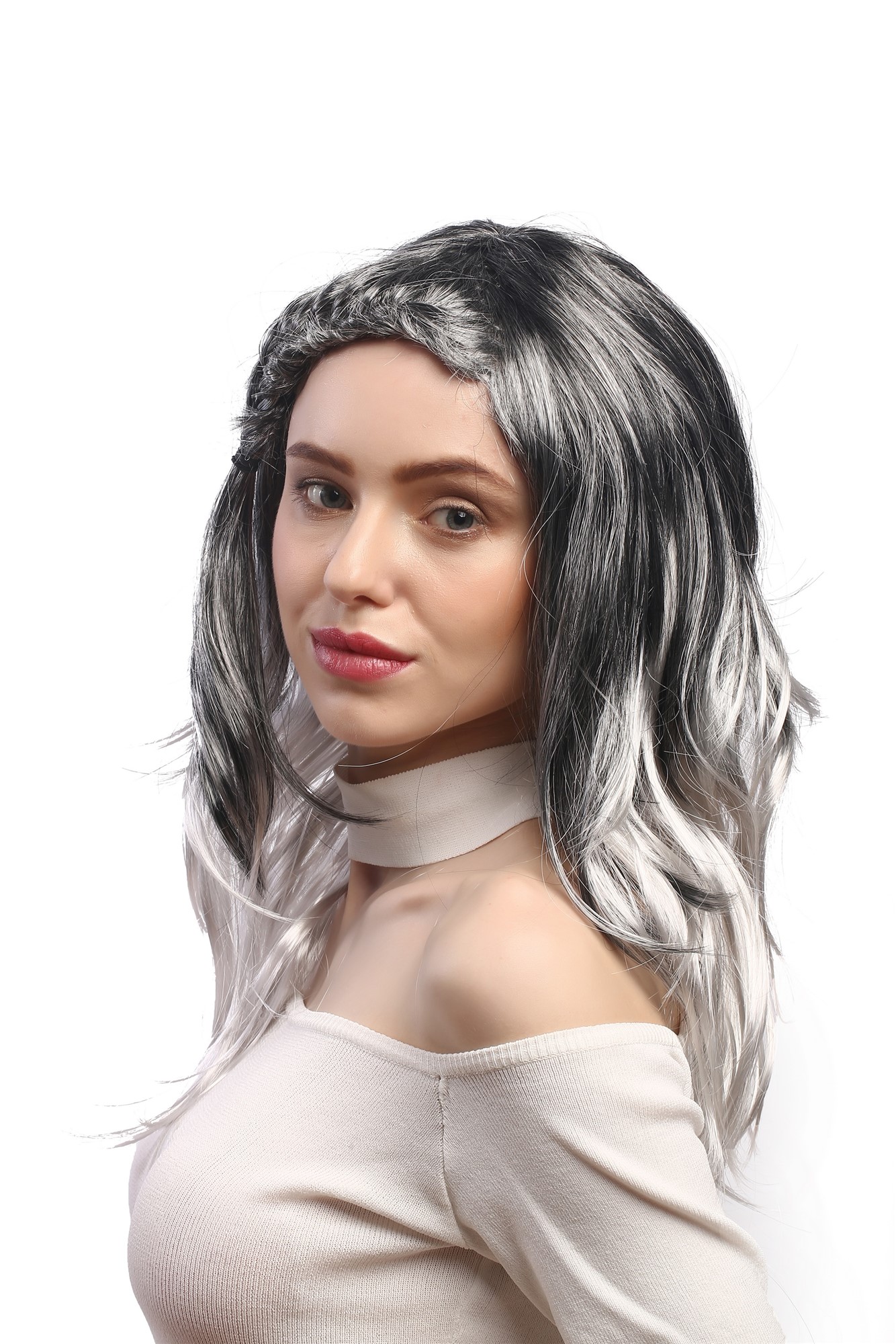 günstige Party Perücke, Perücke Geflochten Ombre Schwarz Grau DEC151-P103T309, Ansicht 2, WIG ME UP: Ihr Perücken Online Shop geflochtene Party Perücke Grau lange Haare für Damen