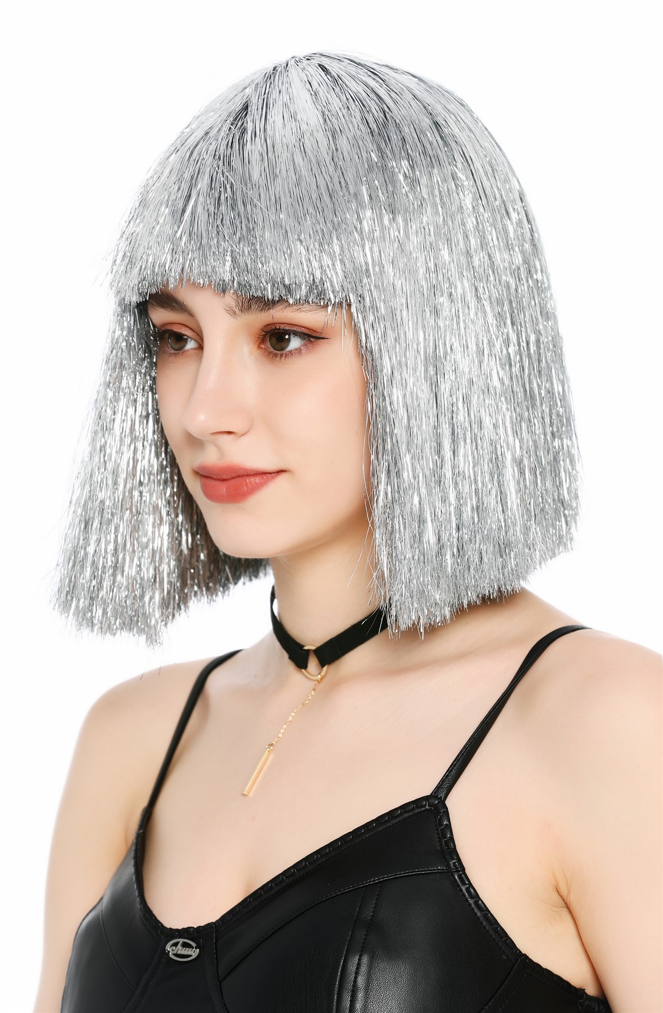 Perücke Damen Glitzer Lametta Tinsel Look Longbob Pony Disco Glam Silber VK-42-TN12