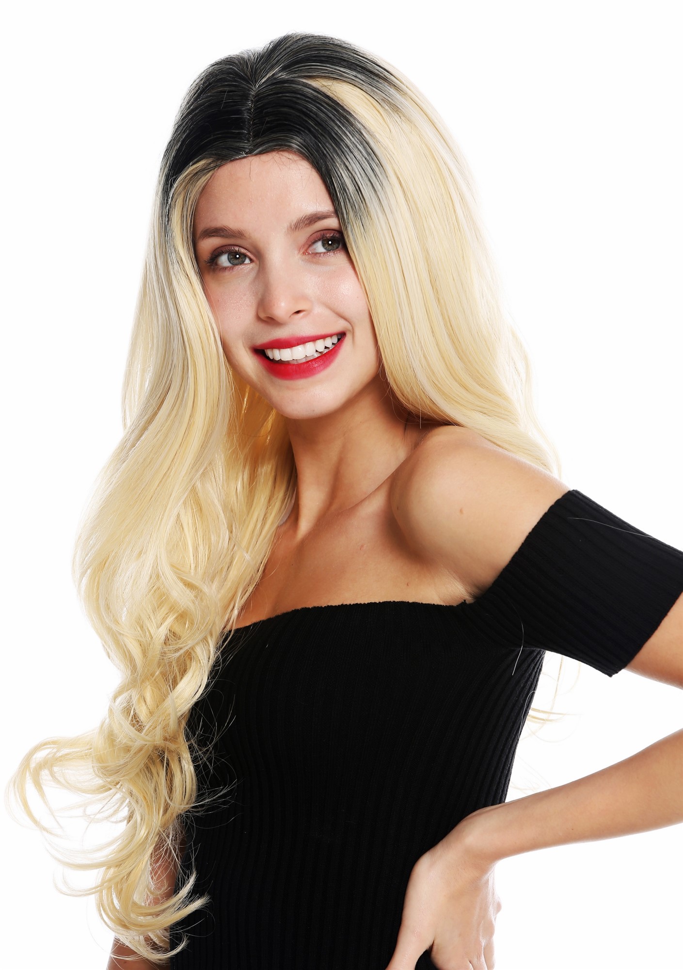 wellige Tressen-Perücke mit Kopfhaut-Imitat Blond-Schwarz-Mix lange Haare für Damen