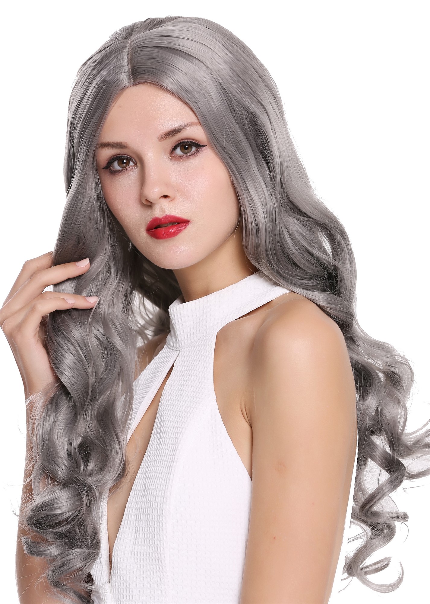 hochwertige Qualitätsperücken, Perücke Lang Gewellt Mittelscheitel Grau 6070-701, Ansicht 3, WIG ME UP: Ihr Perücken Online Shop lockige Tressen-Perücke mit Kopfhaut-Imitat Hellgrau lange Haare für Damen