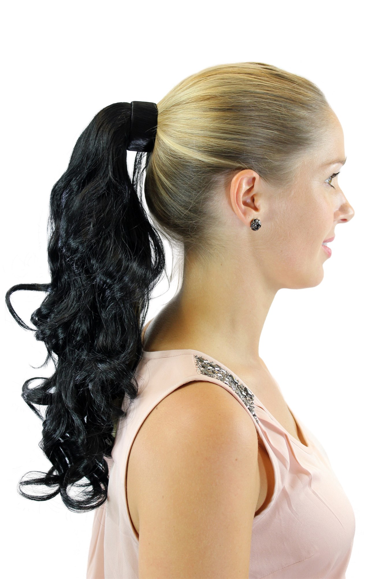 hochwertiges Haarteil Zopf leicht gelockt Steckkamm & Haarreif Schwarz Rosy-1, Ansicht 3, WIG ME UP: Ihr Perücken Online Shop welliges Zopf-Haarteil Schwarz 45 cm lang