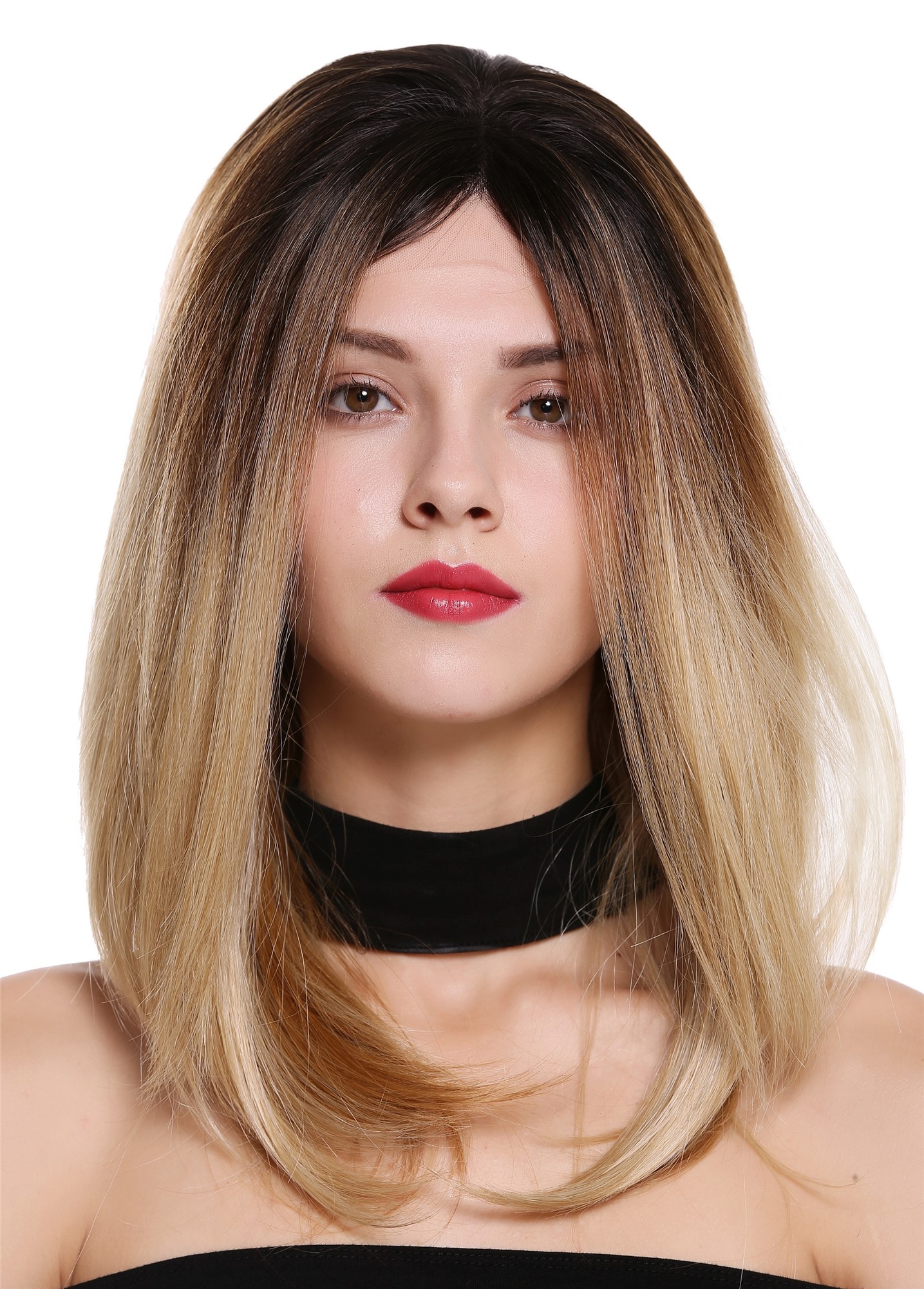 Lady wig lace front monofilament long sleek ombre dark brown blonde DW2553A-MF, view 2, WIG ME UP: Your Perücken Online Shop Quality Wigs, Ladies, dark brown-golden blonde-copper blonde mix, straight, long