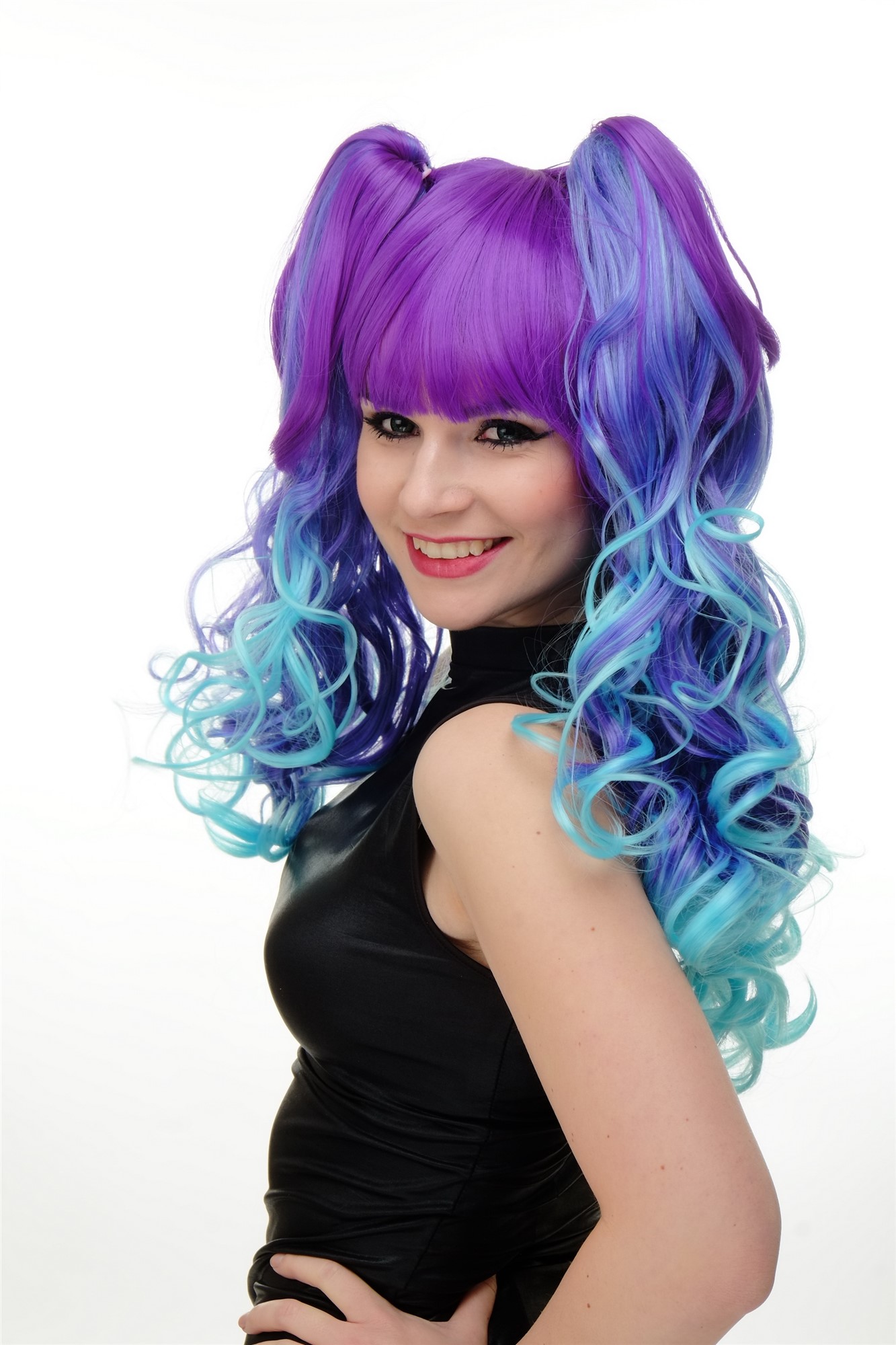 Lady Cosplay Wig long + 2 ponytails curled bangs ombre blue turquois YZF-7096+A, view 5, WIG ME UP: Your Perücken Online Shop Quality Wigs, Ladies, Purple, curled, shoulder-length