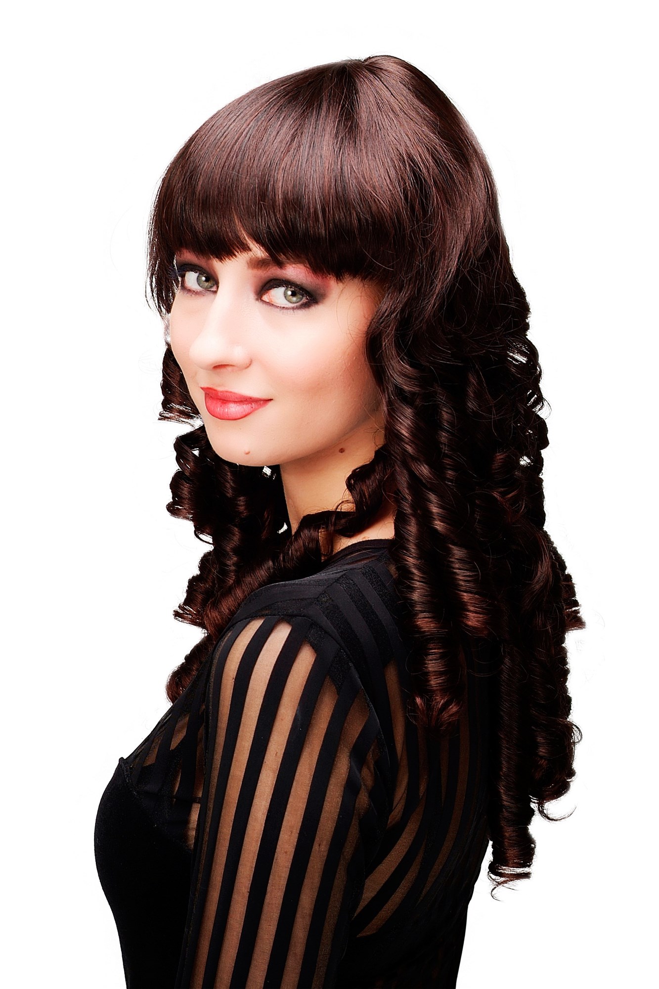 hochwertige Qualitätsperücken, Perücke Braun Korkenzieher-Locken TYW60590-2T33, Ansicht 4, WIG ME UP: Ihr Perücken Online Shop lockige Tressen-Perücke mit Kopfhaut-Imitat Braun lange Haare für Damen