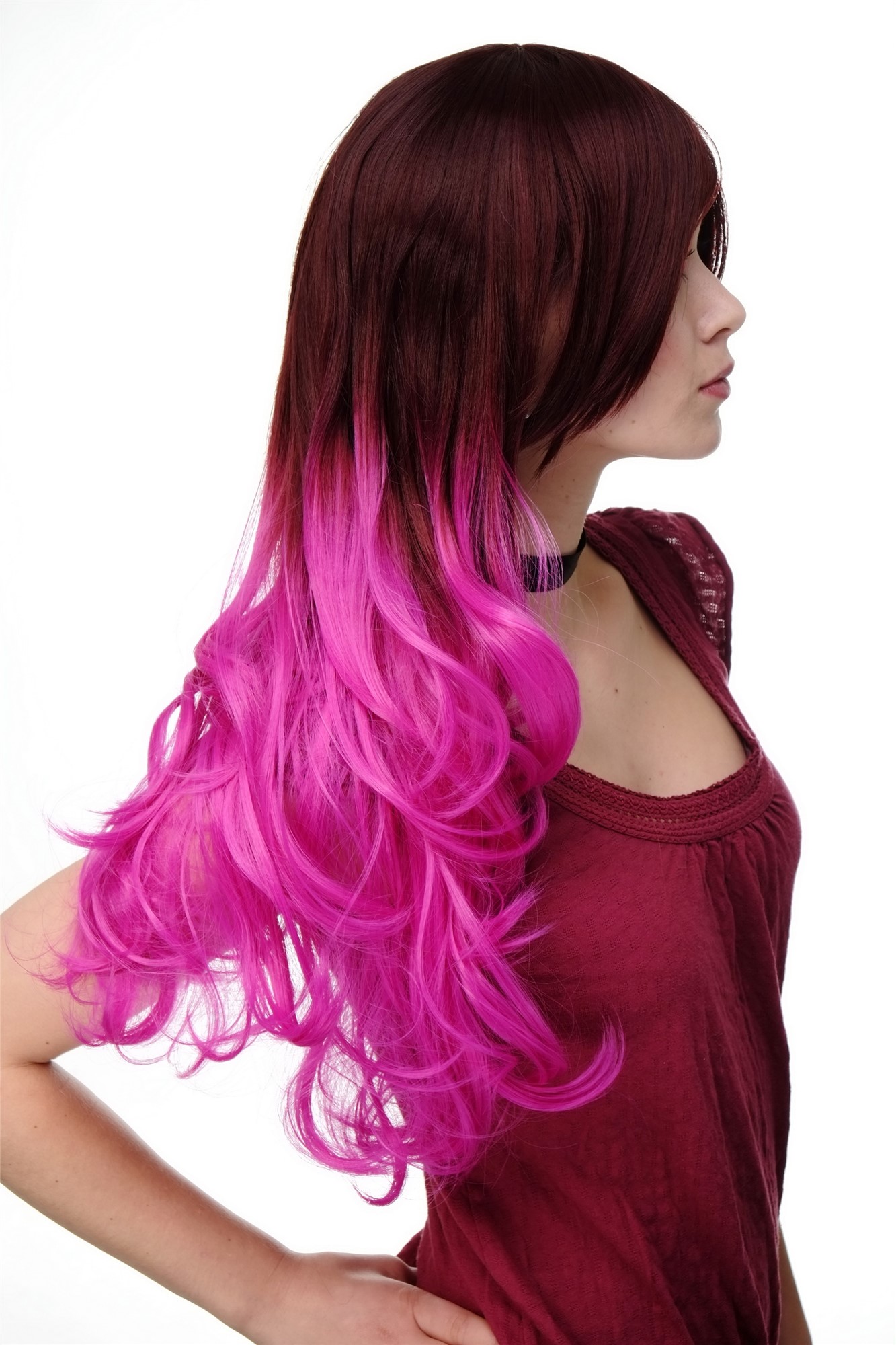 hochwertige Qualitätsperücken, Perücke Ombre Mahagonibraun Pink Lockig H9704-33FT2405, Ansicht 3, WIG ME UP: Ihr Perücken Online Shop wellige Tressen-Perücke mit Kopfhaut-Imitat Kastanie-Lila-Mix lange Haare für Damen
