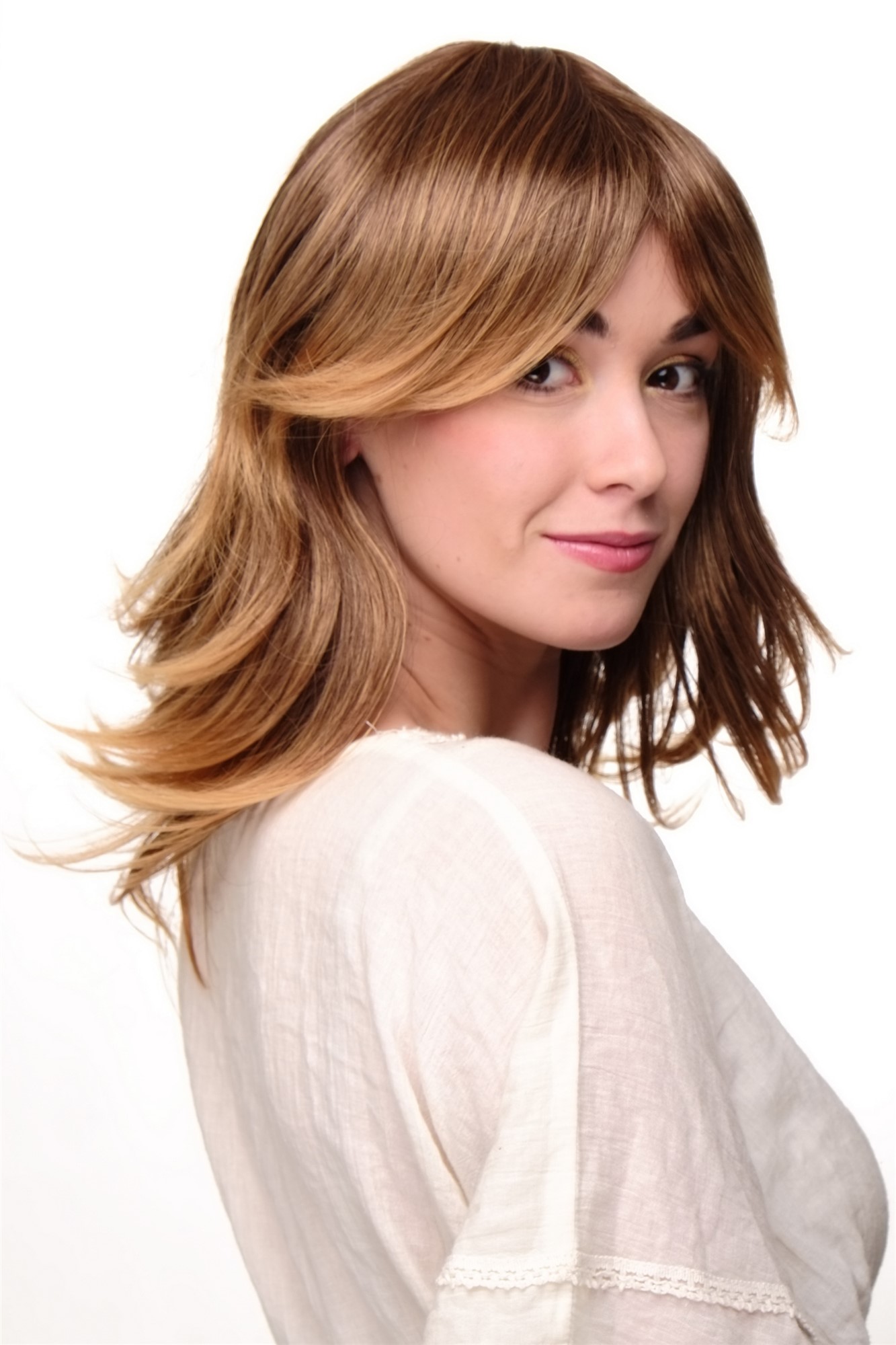 hochwertige Qualitätsperücken, Perücke glatt halblang Braun Blond Mix Modell: TYW60349, Ansicht 2, WIG ME UP: Ihr Perücken Online Shop wellige Tressen-Perücke mit Kopfhaut-Imitat Kastanie-Gelbblond-Mix schulterlange Haare für Damen