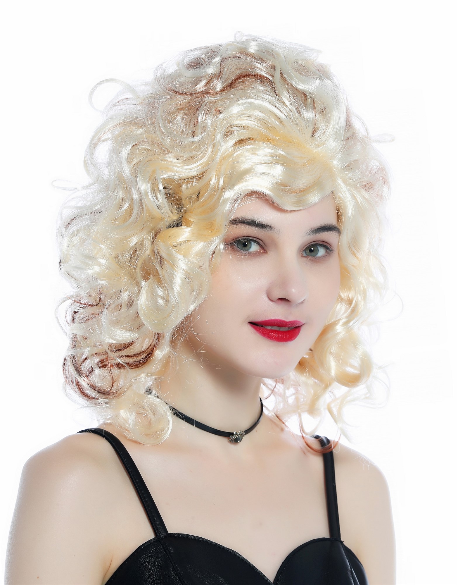 günstige Party Perücke, Perücke lockig Scheitel Hellblond braune Strähnen 91873-P88-P33A, Ansicht 2, WIG ME UP: Ihr Perücken Online Shop lockige Party Perücke Blond mit Mahagoni strähnen schulterlange Haare für Damen