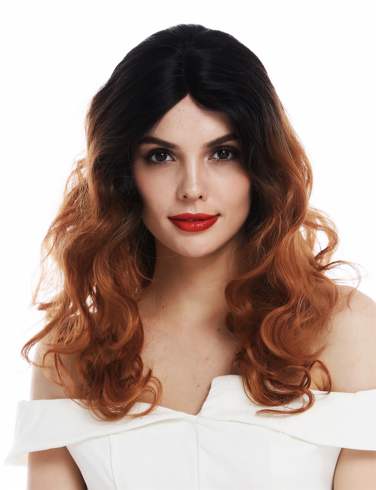 hochwertige Qualitätsperücken, Perücke Lace-Front lang leicht gelockt Ombre Dunkelbraun Rotbraun TYM-758-MF-4TT30, Vorderansicht, WIG ME UP: Ihr Perücken Online Shop lockige Tressen-Perücke mit Teil-Mono Scheitel, Front-Lace Braun-Mix lange Haare für Damen