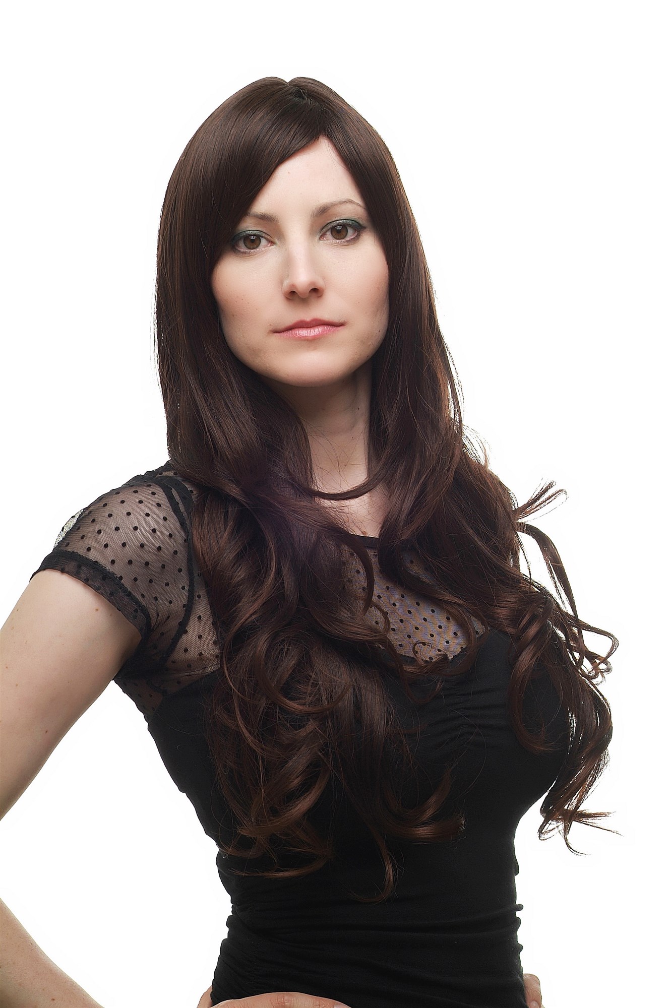 Lady wig straight curling wavy ends mahogany brown long fringe parted side H9117, view 6, WIG ME UP: Your Perücken Online Shop Quality Wigs, Ladies, Brown, wavy, long