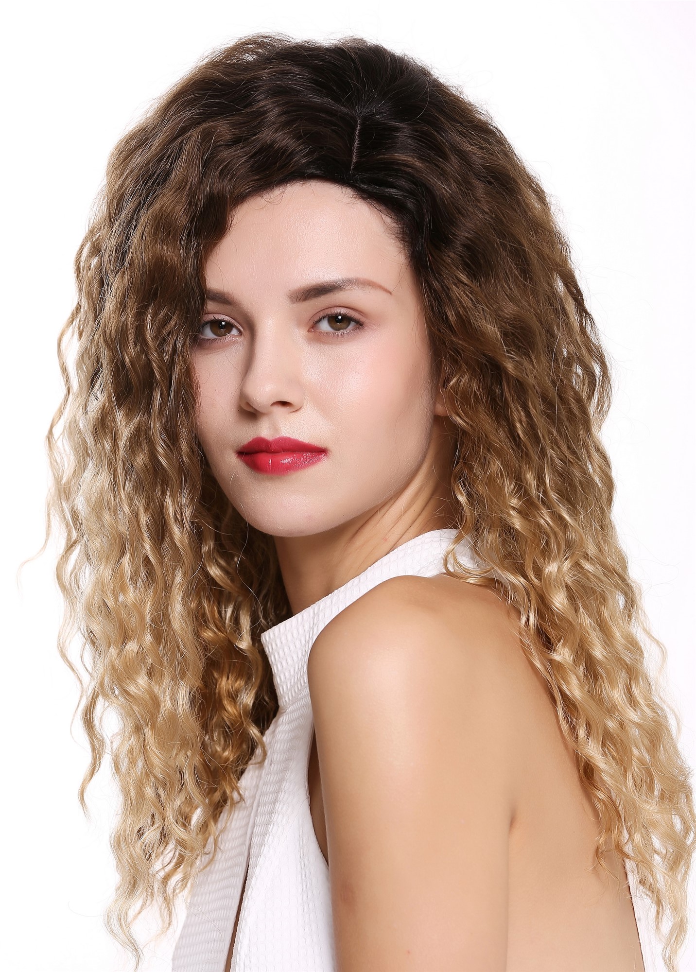 lockige Tressen-Perücke mit Kopfhaut-Imitat Dunkelbraun-Goldblond-Kupferblond-Mix lange Haare für Damen