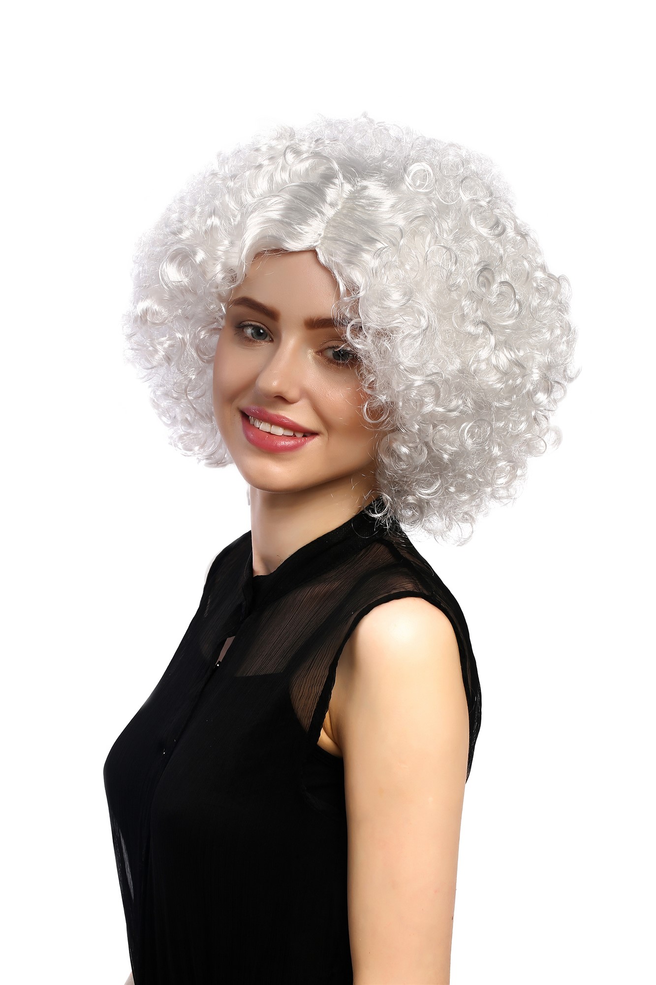 Lady Party Wig Halloween funkadelic white Afro style 60s 70s curls with straightened middle parting, front view, WIG ME UP: Your Perücken Online Shop Party Wig, Ladies, White, curled, short