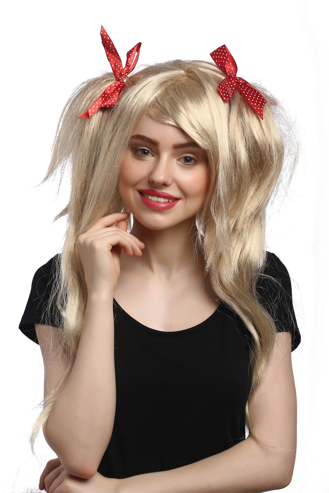 Lady Party Wig Halloween Fancy Dress blond wild voluminous Lolita style pigtails with red ribbons, front view, WIG ME UP: Your Perücken Online Shop Party Wig, Ladies, Blonde, straight, long