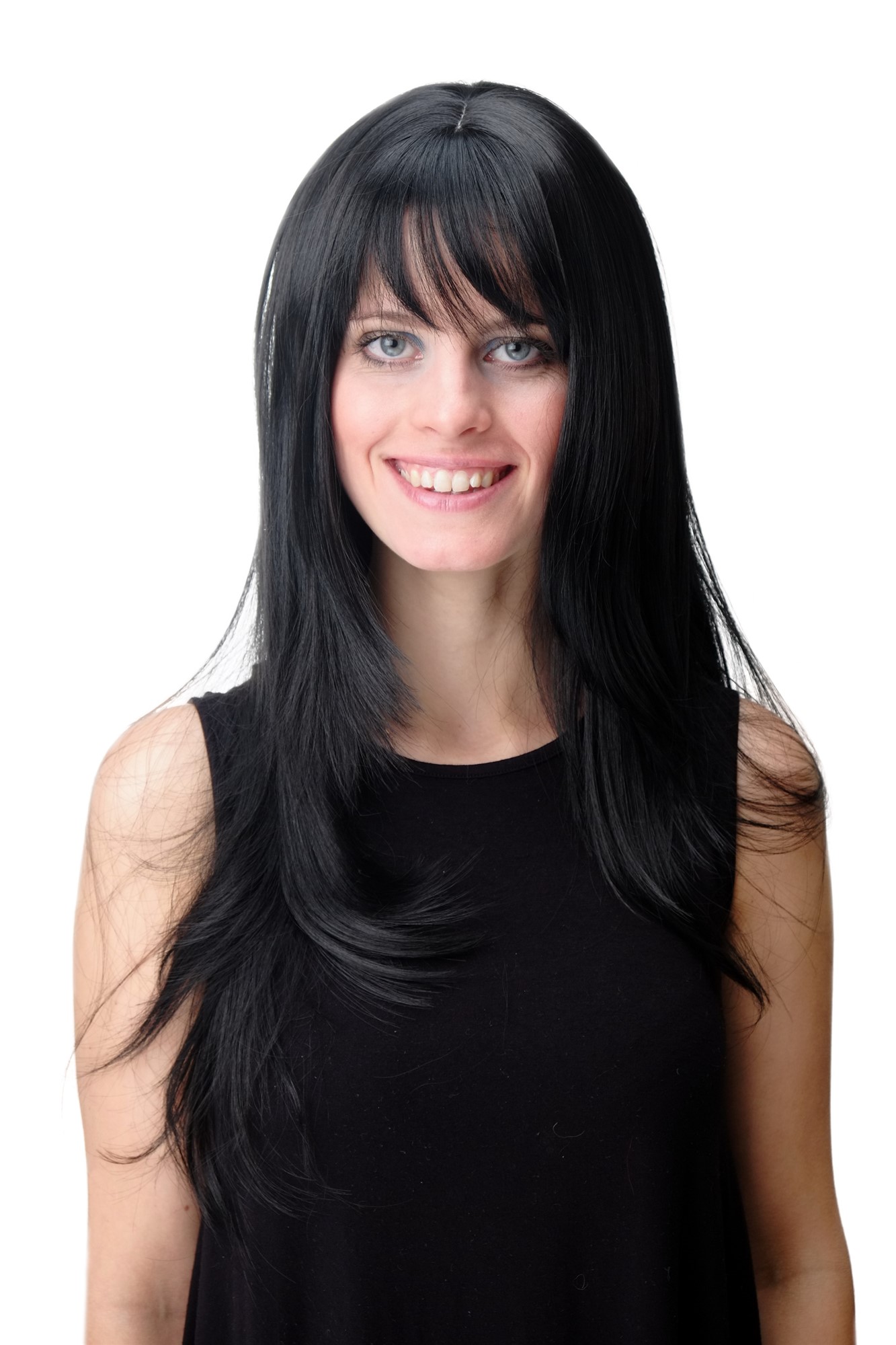 hochwertige Qualitätsperücken, Damen Perücke gestuft lang glatt Pony schwarz GFW09-1B, Vorderansicht, WIG ME UP: Ihr Perücken Online Shop glatte Tressen-Perücke mit Kopfhaut-Imitat Samtschwarz lange Haare für Damen