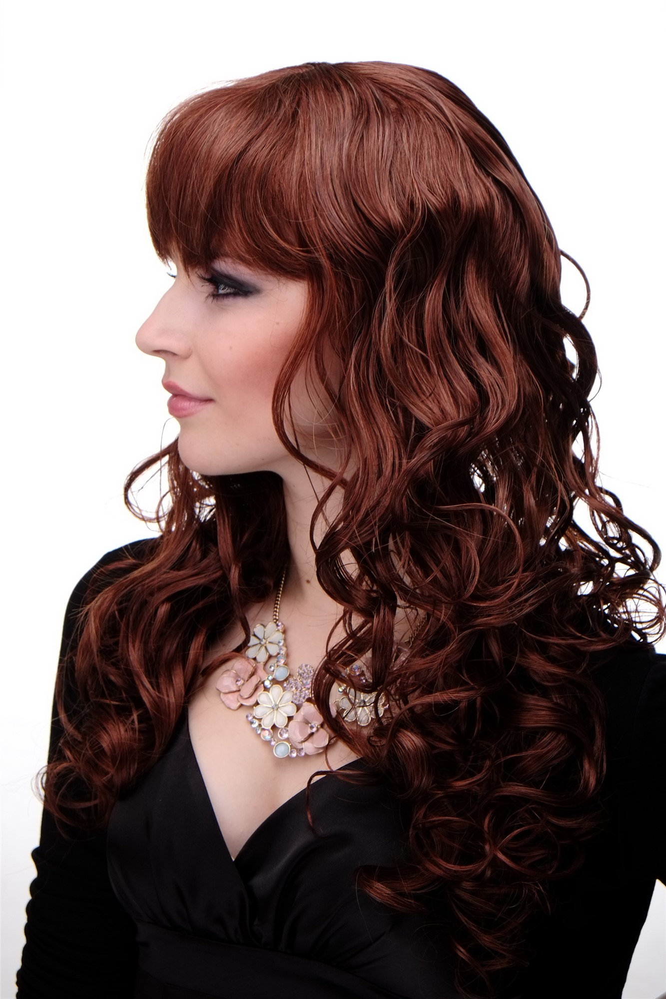 hochwertige Qualitätsperücken, Lockige sexy Frauen Perücke Braun-Rot-Mix M-103-33A/130, Ansicht 2, WIG ME UP: Ihr Perücken Online Shop lockige Tressen-Perücke mit Kopfhaut-Imitat Braun-Rot-Mix lange Haare für Damen