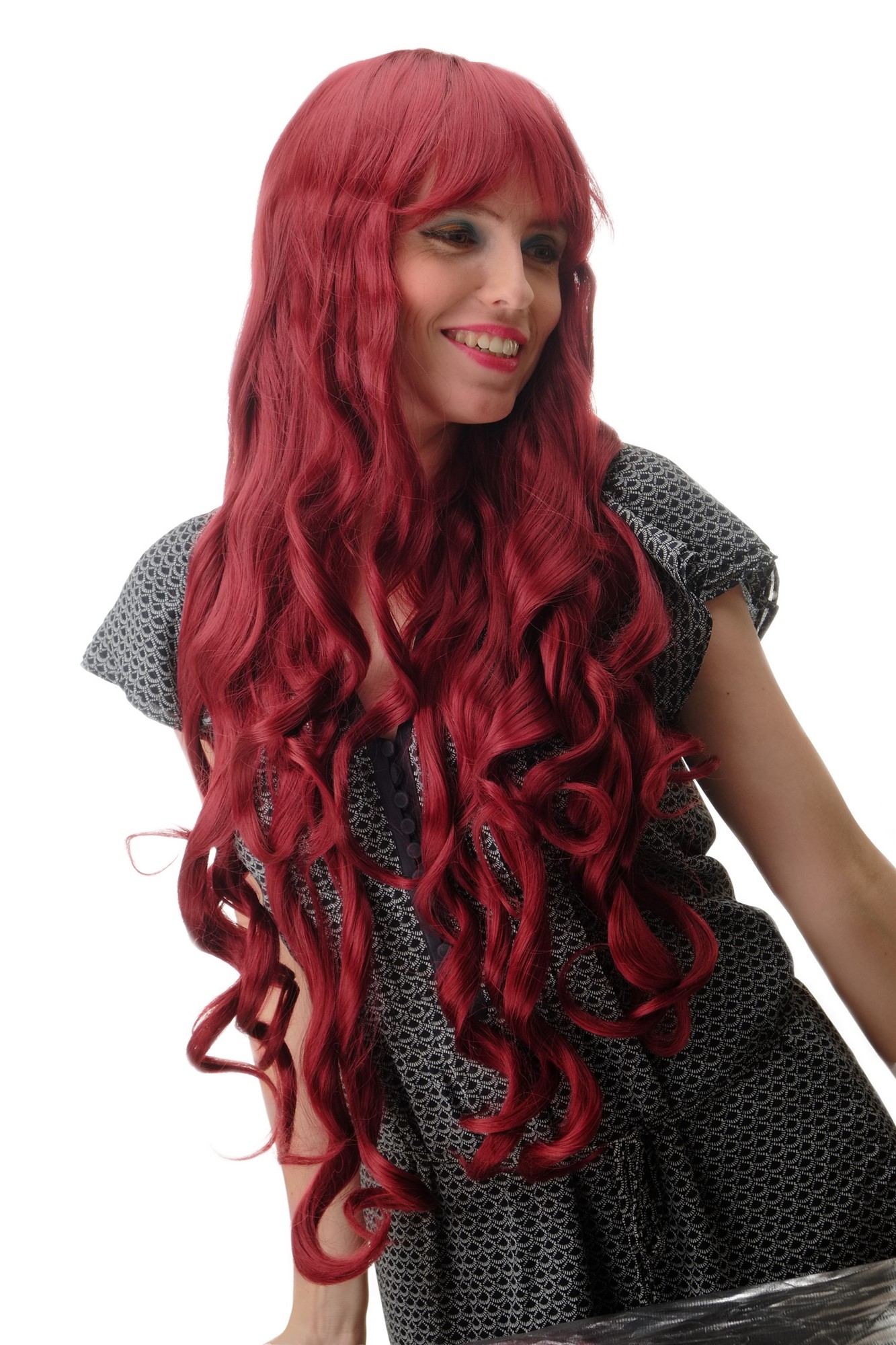 hochwertige Qualitätsperücken, Damenperücke Locken sehr lang Pony granatrot GFW501L-39, Vorderansicht, WIG ME UP: Ihr Perücken Online Shop lockige Tressen-Perücke mit Kopfhaut-Imitat Rot lange Haare für Damen