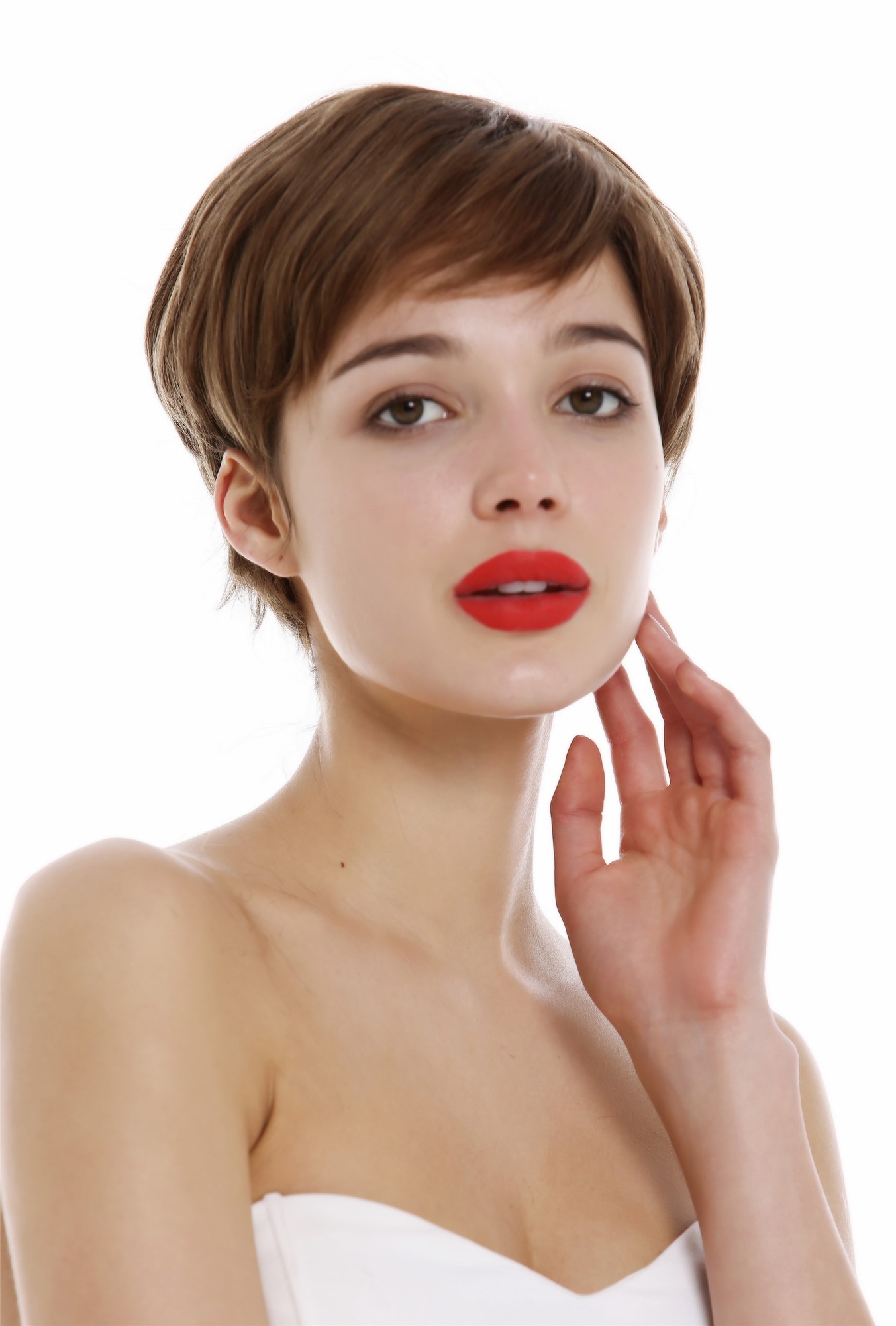 hochwertige Qualitätsperücken, Perücke Echthaar Damen Herren kurz Pixie wellig Scheitel braun DP-HH-10, Vorderansicht, WIG ME UP: Ihr Perücken Online Shop glatte Tressen-Perücke Mittel-Goldbraun kurze Haare für Damen