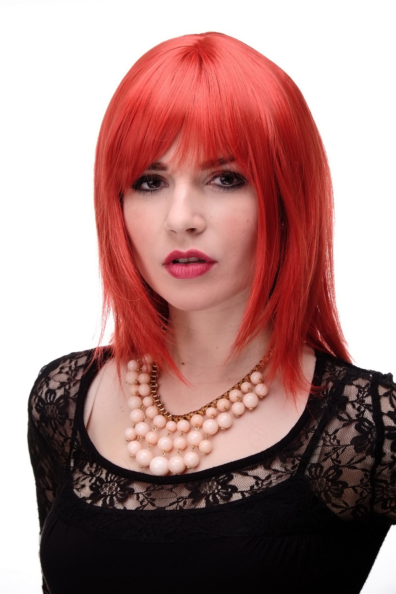 Lady wig medium length fringe parted to side straight layered bright red 3003, front view, WIG ME UP: Your Perücken Online Shop Quality Wigs, Ladies, red mix, straight, long
