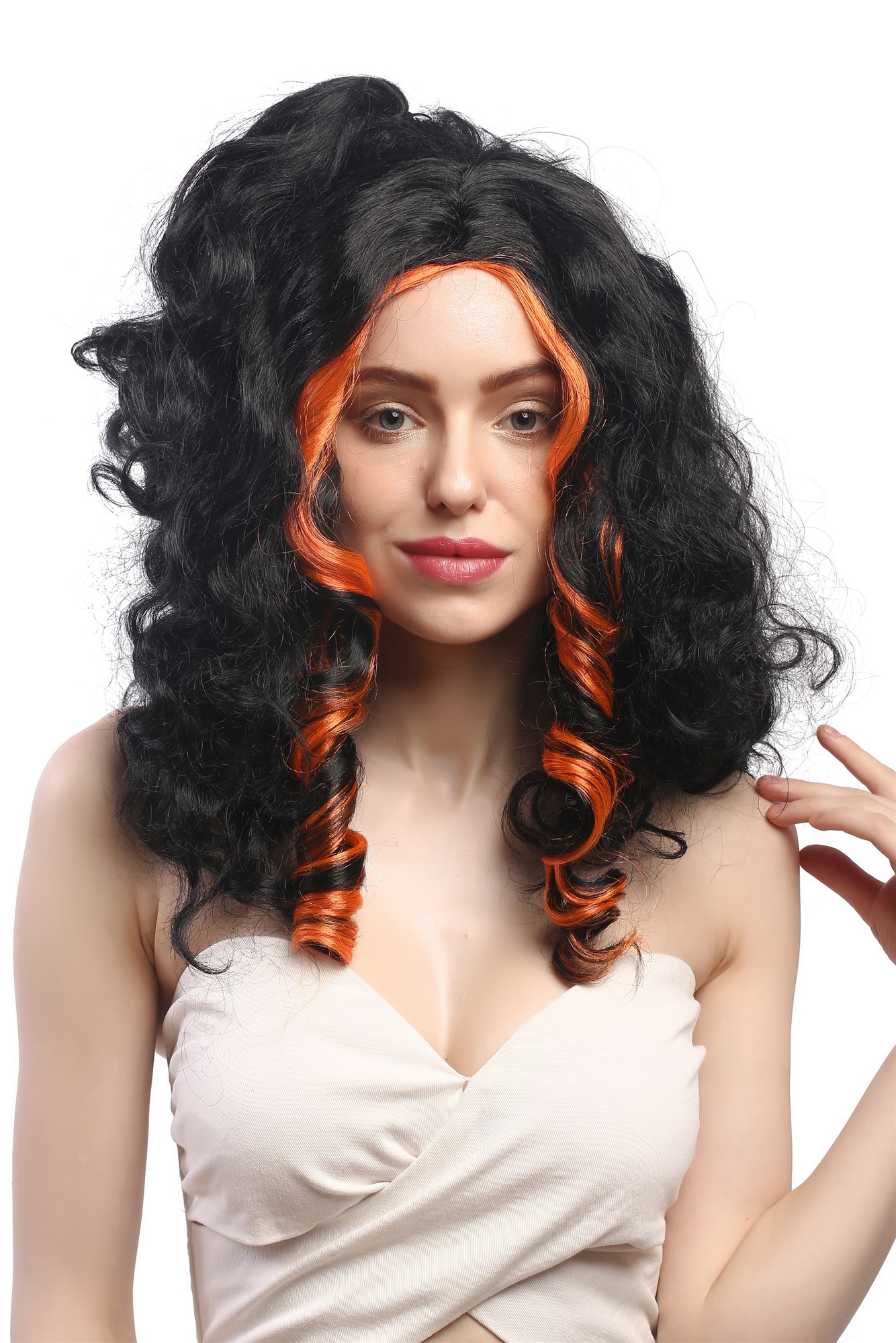 günstige Party Perücke, Perücke Vamp Schwarz orange Strähnen31703-P103-24, Vorderansicht, WIG ME UP: Ihr Perücken Online Shop lockige Party Perücke Schwarz lange Haare für Damen