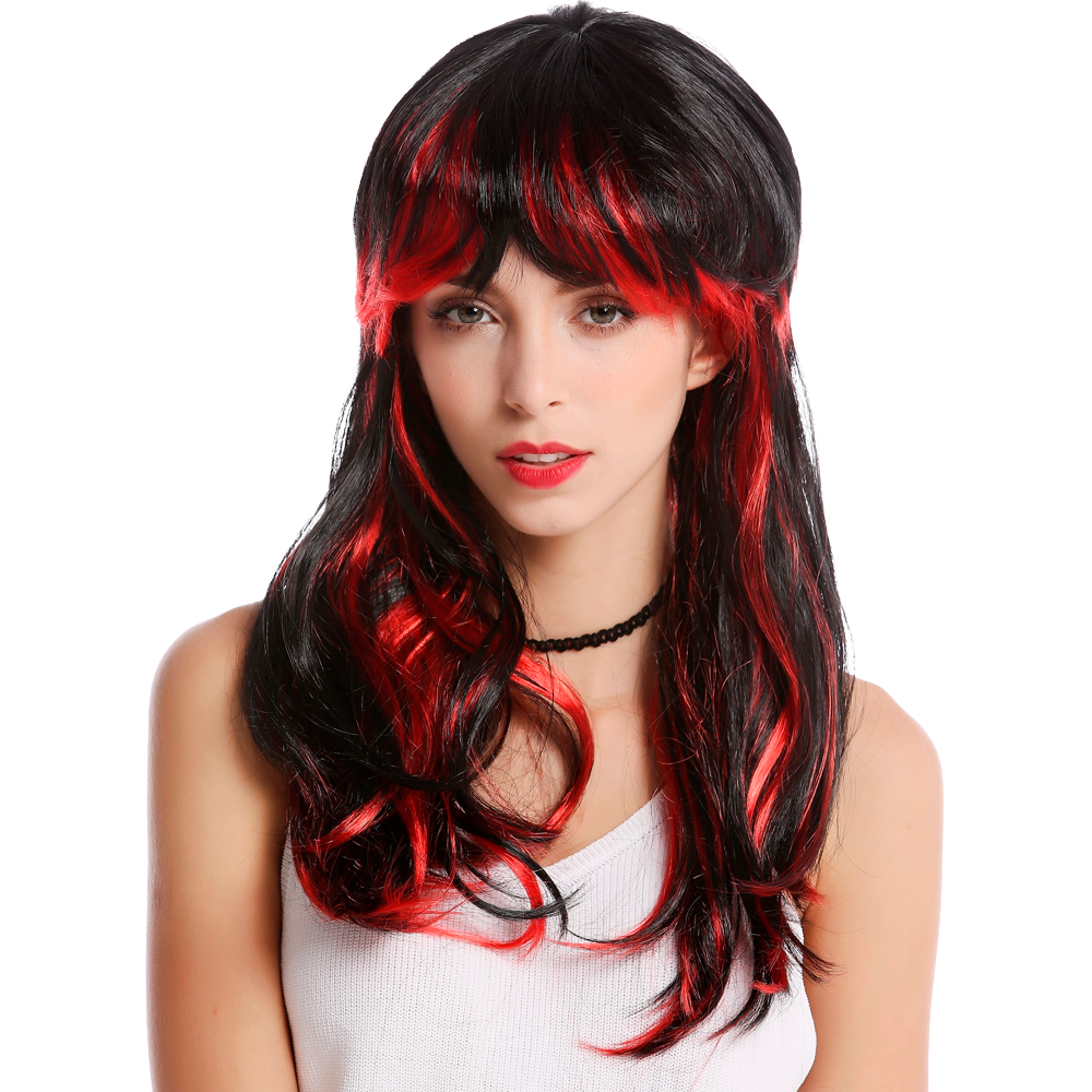 Category image for witch wigs Black, long-haired wig with red streaks, wavy hair and a sweeping fringe