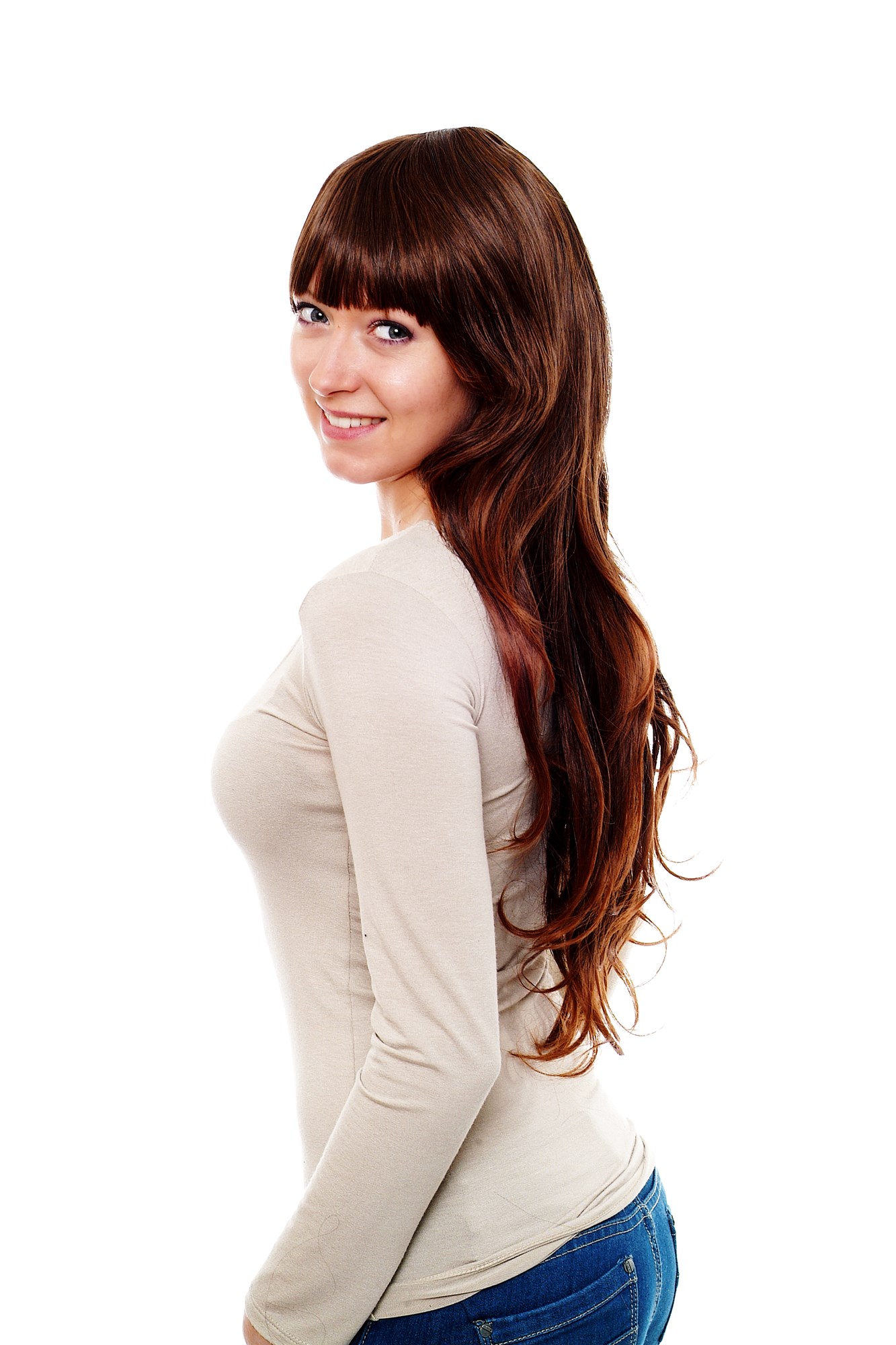 hochwertige Qualitätsperücken, Glatte brünette Perücke gerader Pony H9101-2T30, Ansicht 3, WIG ME UP: Ihr Perücken Online Shop glatte Tressen-Perücke mit Kopfhaut-Imitat Braun lange Haare für Damen