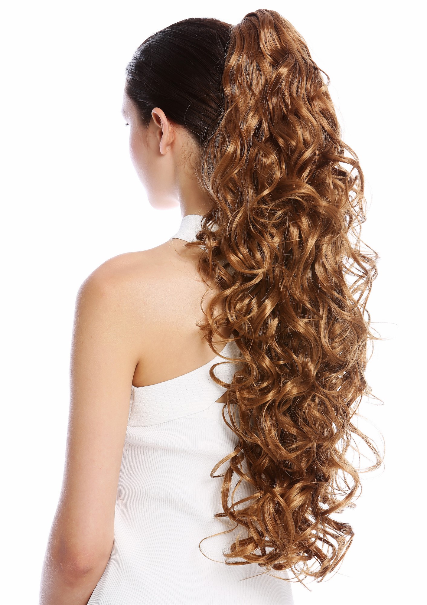 hochwertiger Zopf Pferdeschwanz Lockig Lang Voluminös Erdbeerblond N1095-V-27, Vorderansicht, WIG ME UP: Ihr Perücken Online Shop welliges Zopf-Haarteil Erdbeerblond 65 cm lang