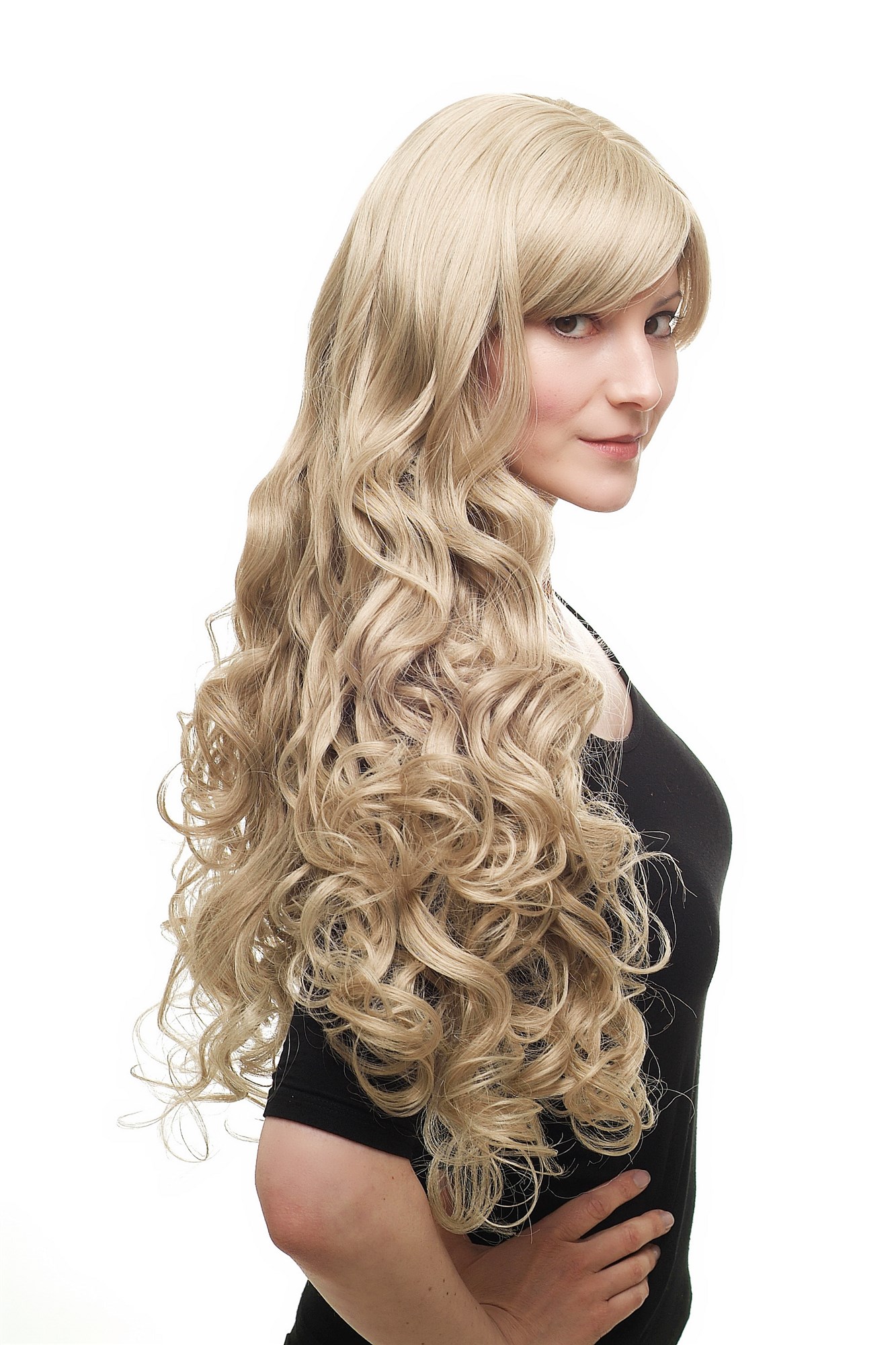 hochwertige Qualitätsperücken, Perücke gemischt Blond Platinblond-Karamellbraun lang Lockenpracht 3264-613L18, Ansicht 2, WIG ME UP: Ihr Perücken Online Shop lockige Tressen-Perücke mit Kopfhaut-Imitat Platinblond-Caramelbraun lange Haare für Damen