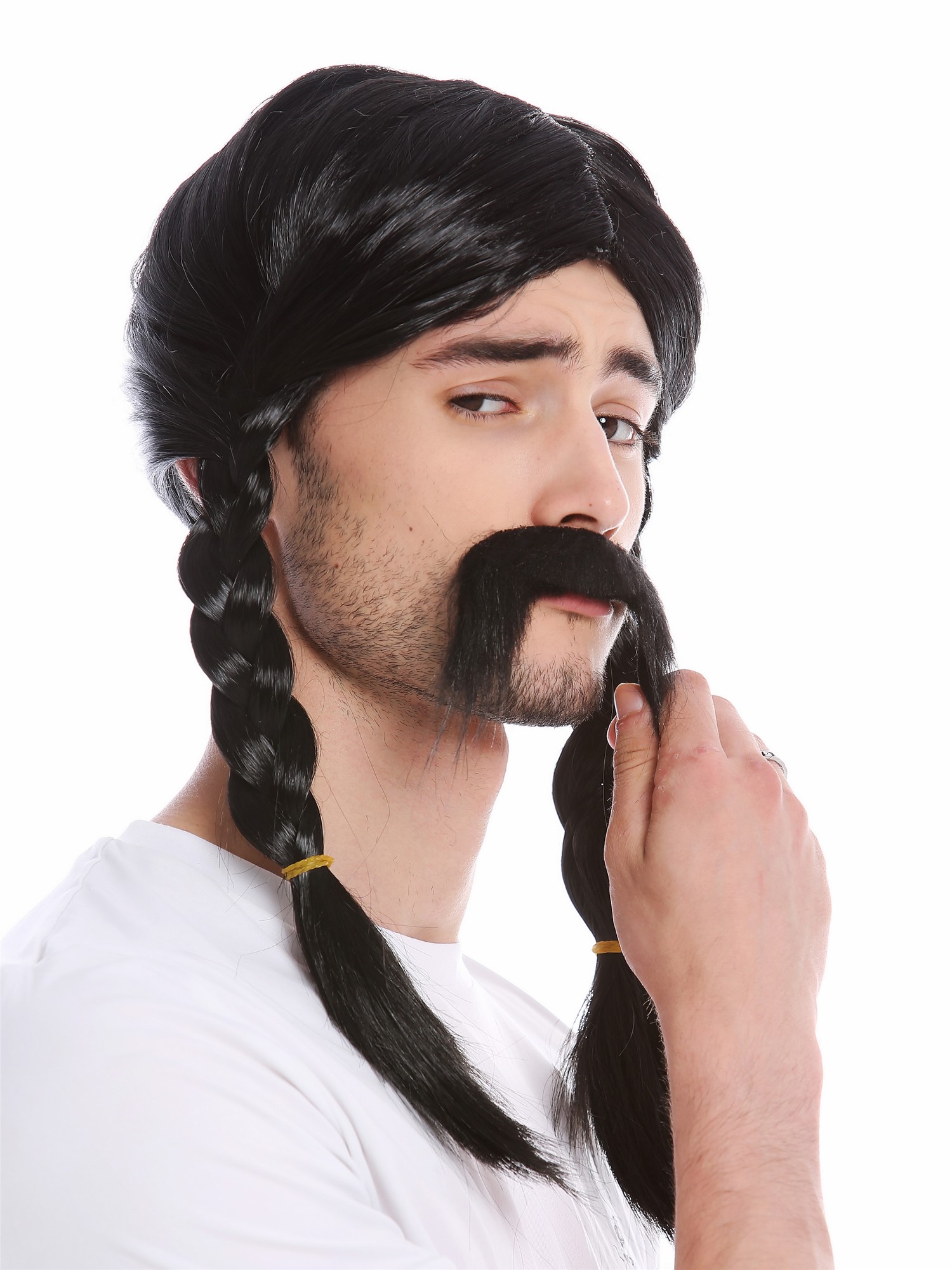 günstige Party Perücke, Perücke Bart Wikinger Gallier Zöpfe Schwarz 91099-ZA103, Vorderansicht, WIG ME UP: Ihr Perücken Online Shop geflochtene Party Perücke Schwarz lange Haare für Herren