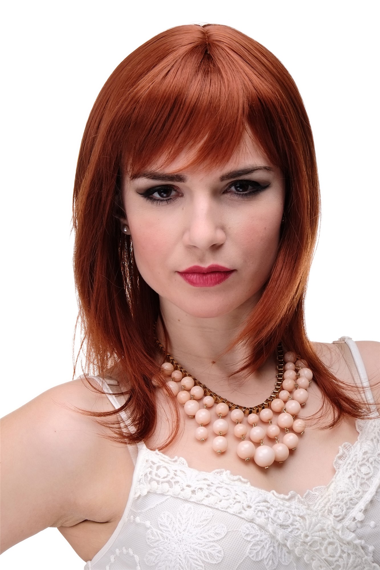 Lady wig medium length fringe parted to side straight layered copper red 3003, front view, WIG ME UP: Your Perücken Online Shop Quality Wigs, Ladies, copper, straight, long