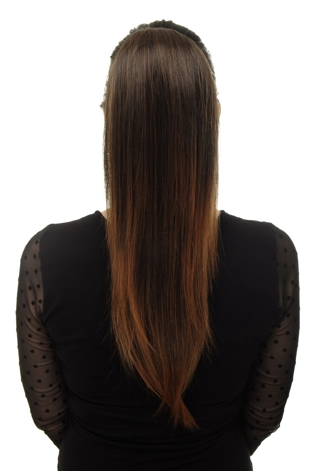 Ponytail clamp combs string straight voluminous very long chestnut brown WK06, front view, WIG ME UP: Your Perücken Online Shop Ponytails, black-brown mix, straight, long